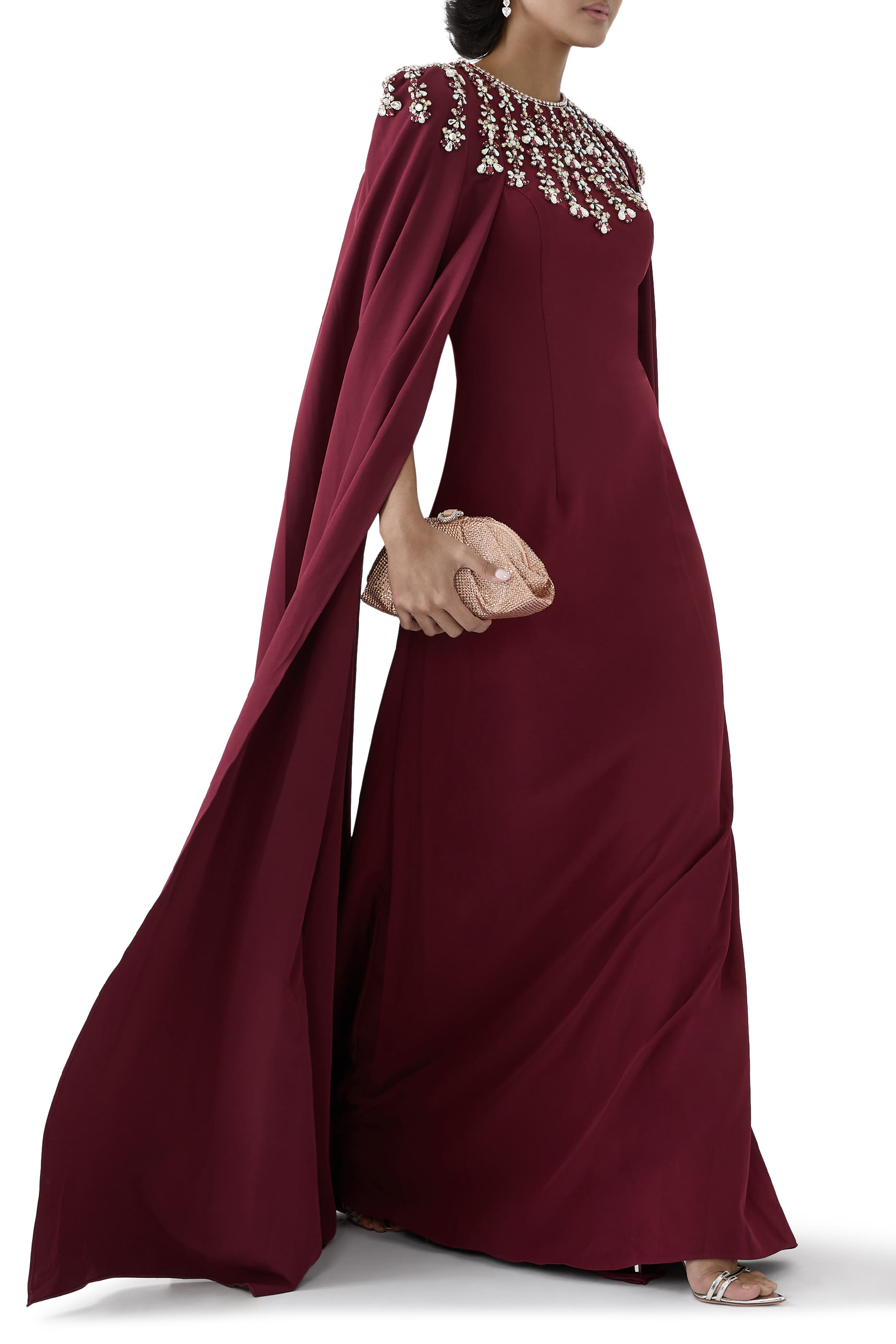 Embellished Cape-Sleeve Gown