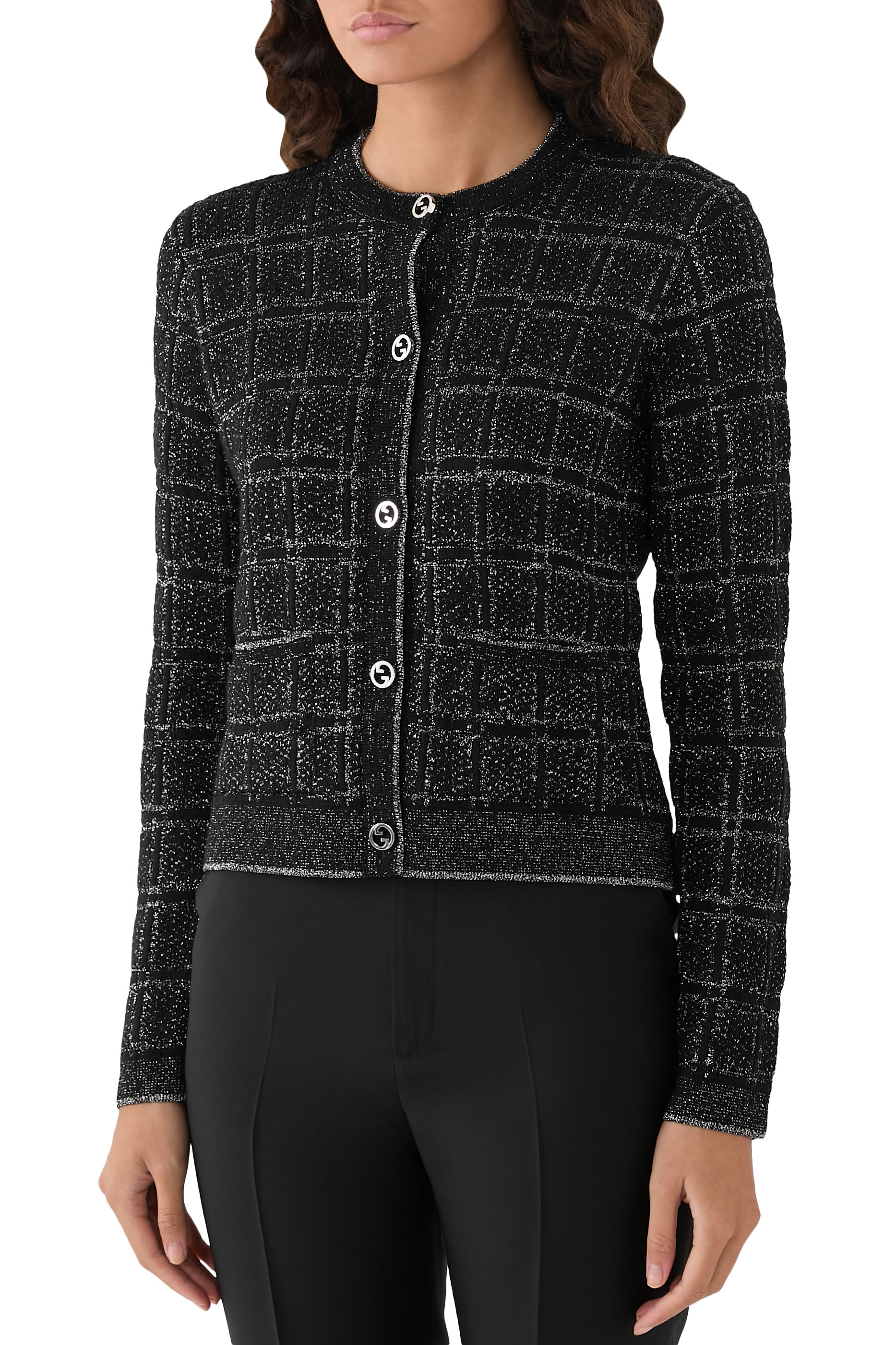 Check Jacquard Wool and Lamé  Cardigan