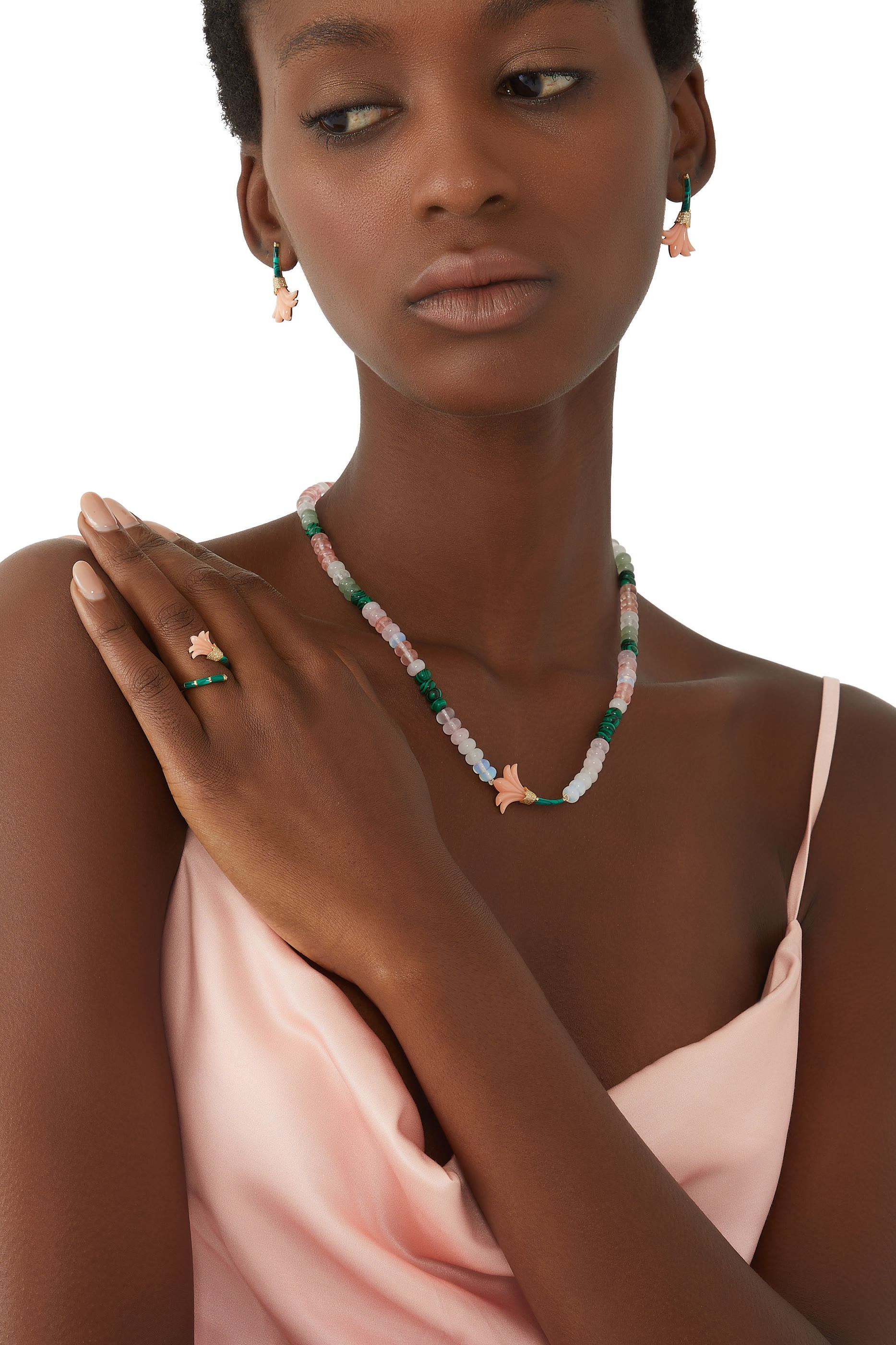 Beaded Flower Necklace, 18k Yellow Gold with Diamonds & Malachite