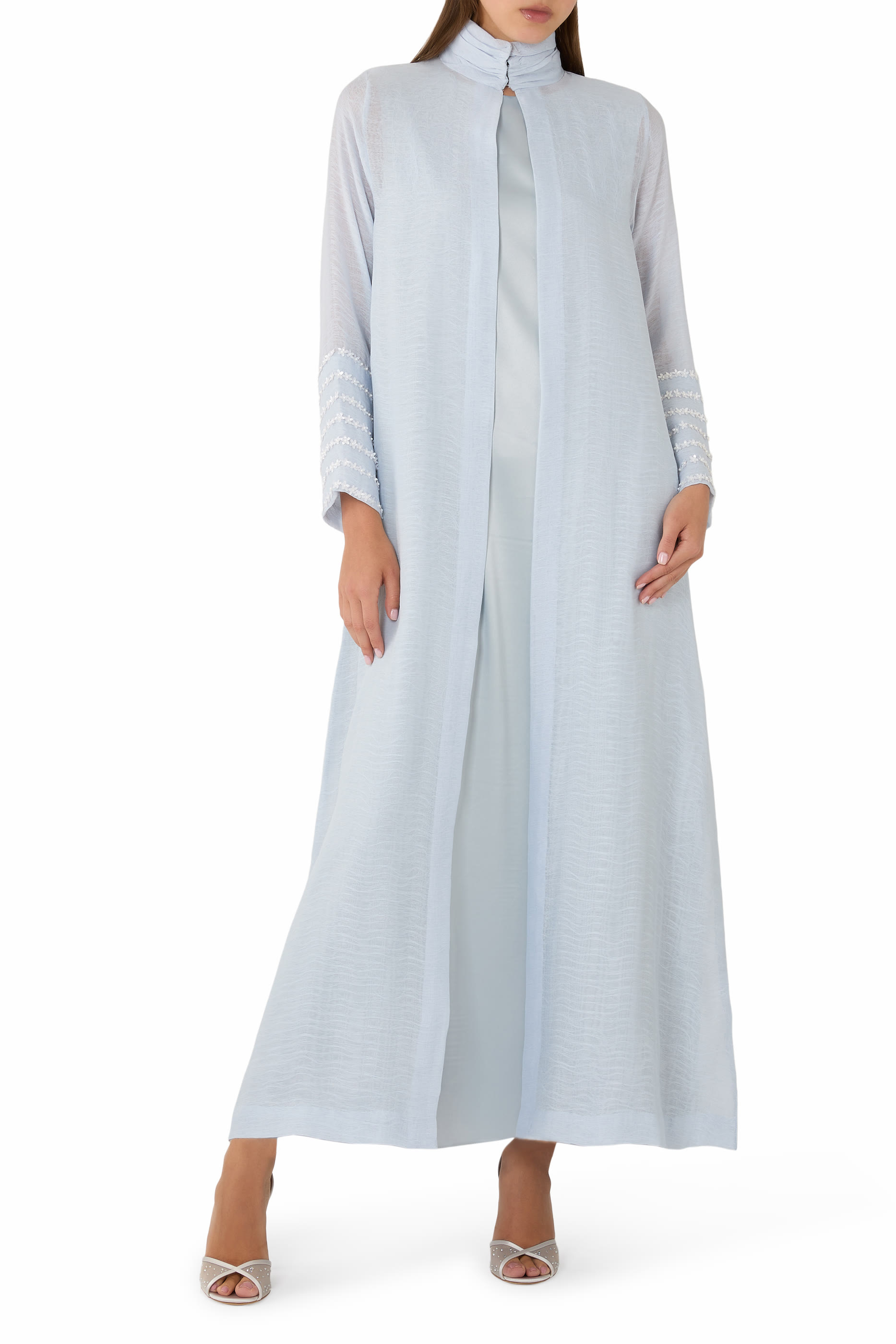 Embroidered Gathered Neck Detail Coat Dress with Inner 