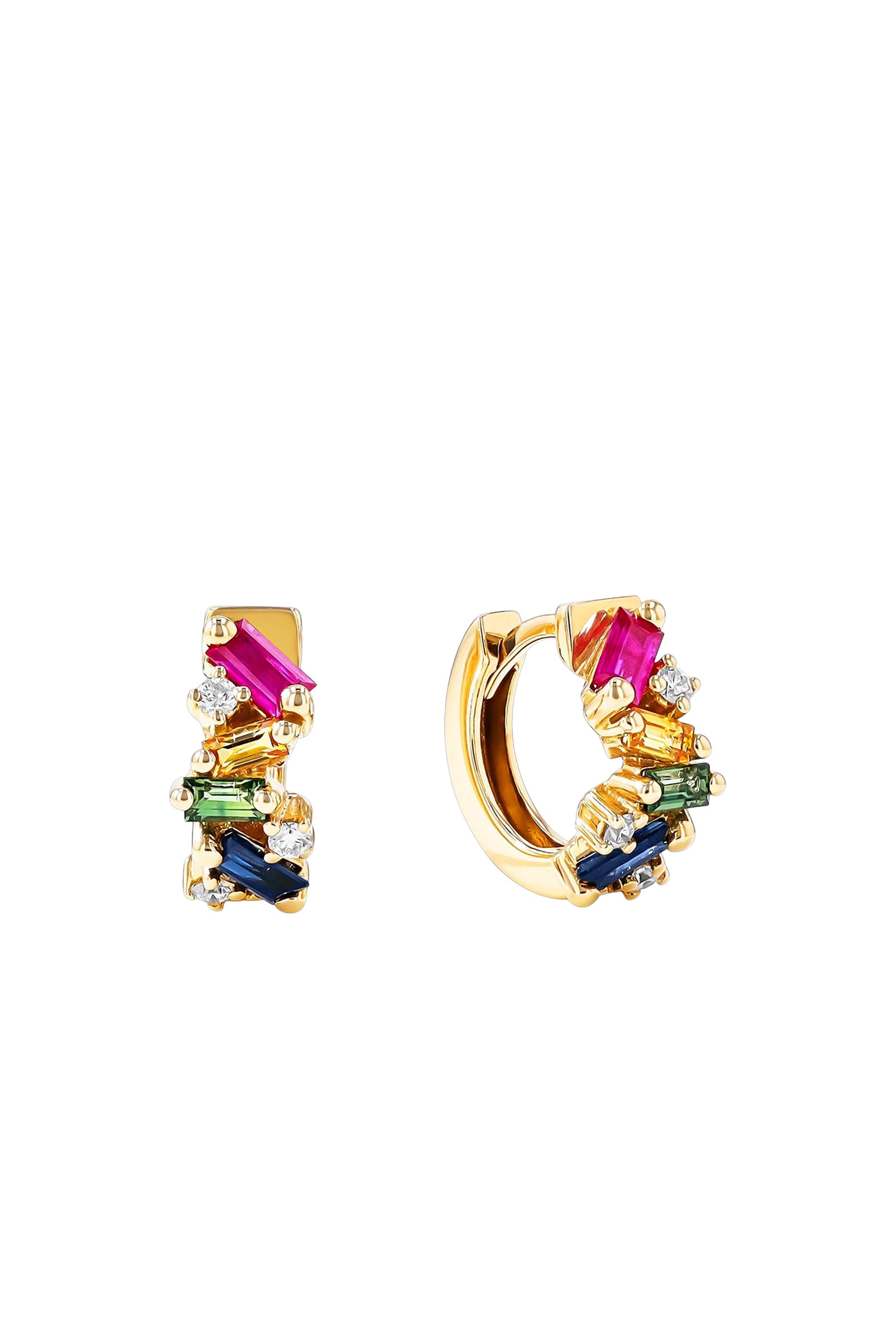 Frenzy Huggie Earrings, 18k Yellow Gold & Rainbow Sapphire, Diamonds