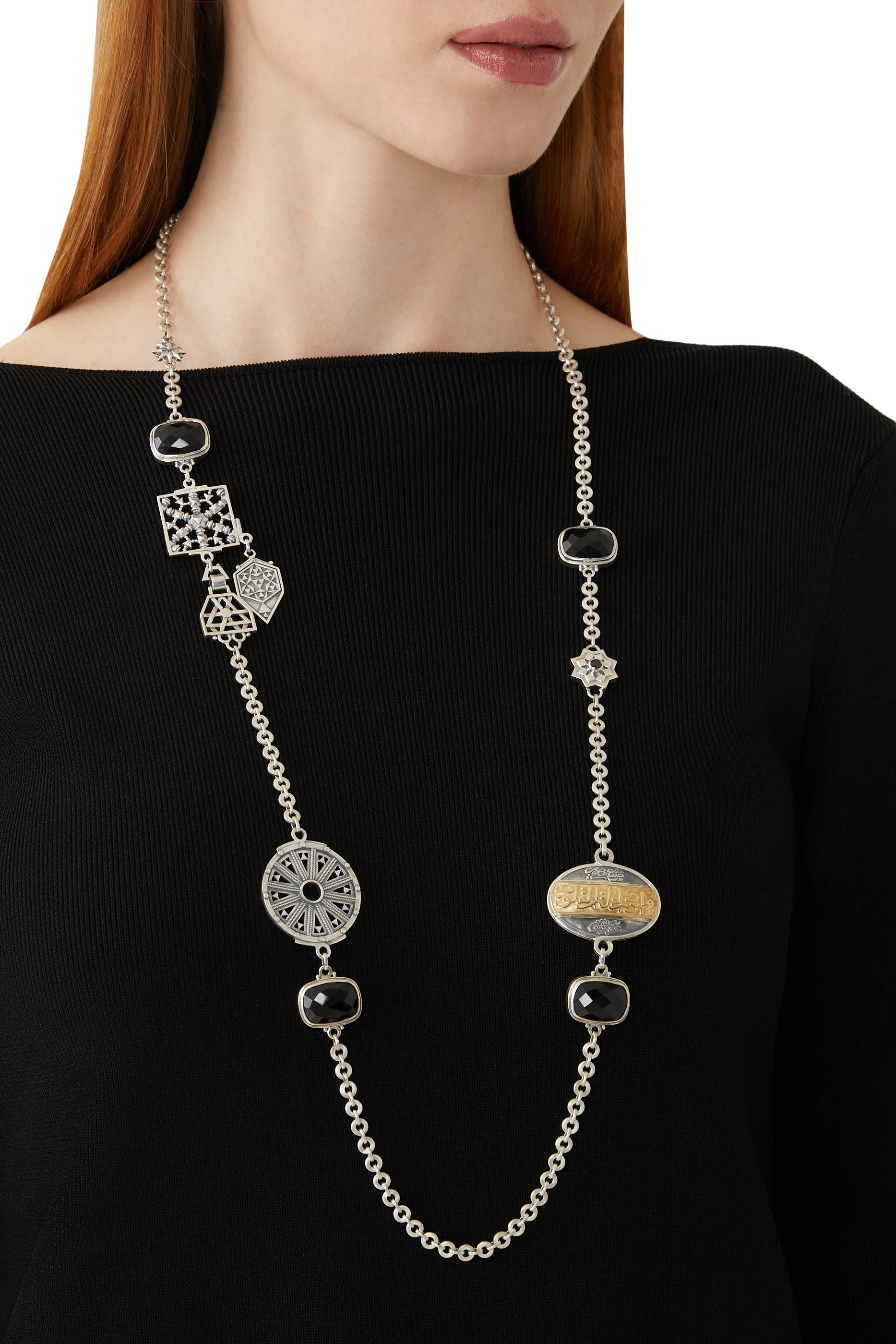 Nur Black Onyx and Garnet Be Kind Calligraphy Necklace, 18k Yellow Gold, Sterling Silver & Onyx, Garnet