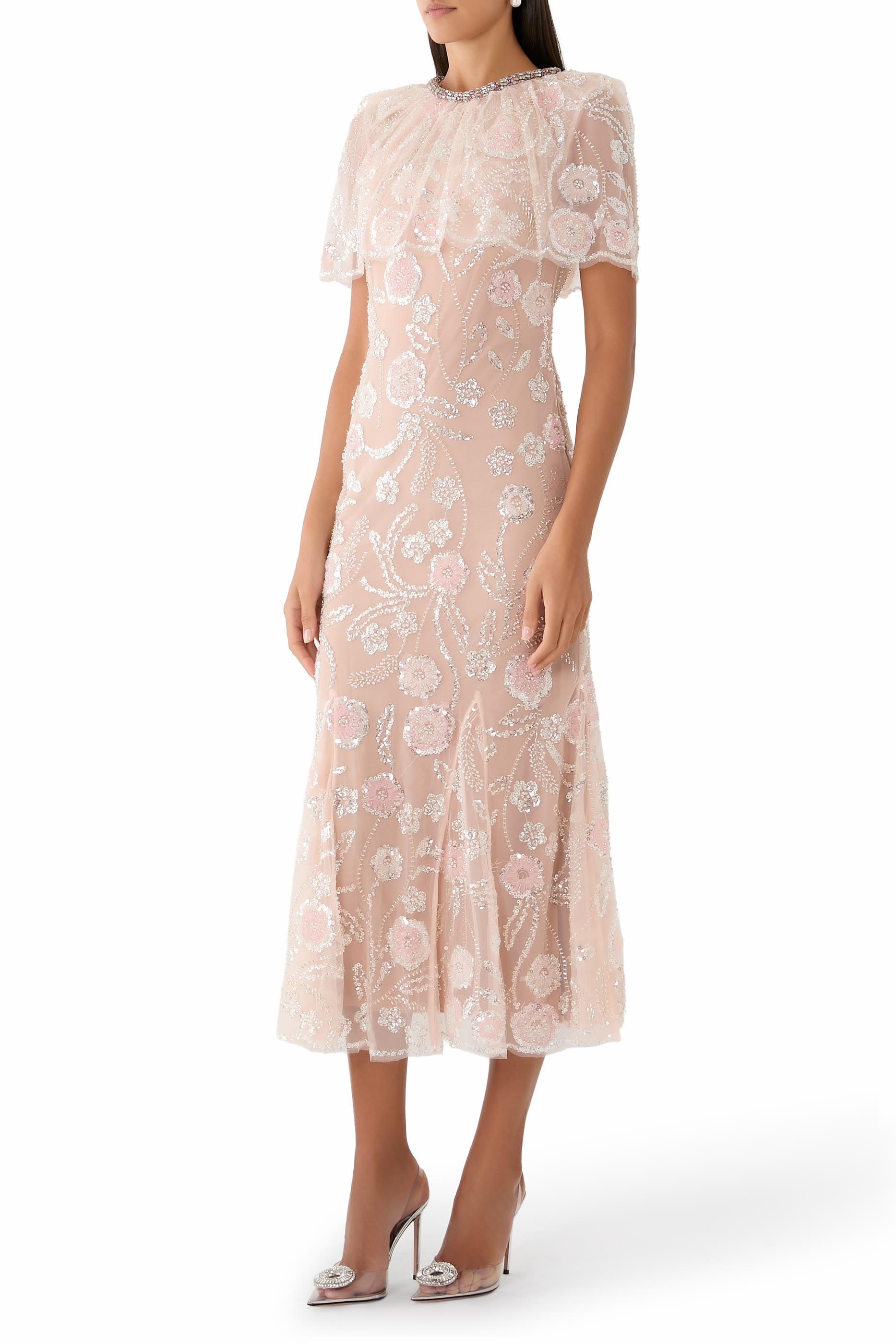 Embellished Cape Midi Dress