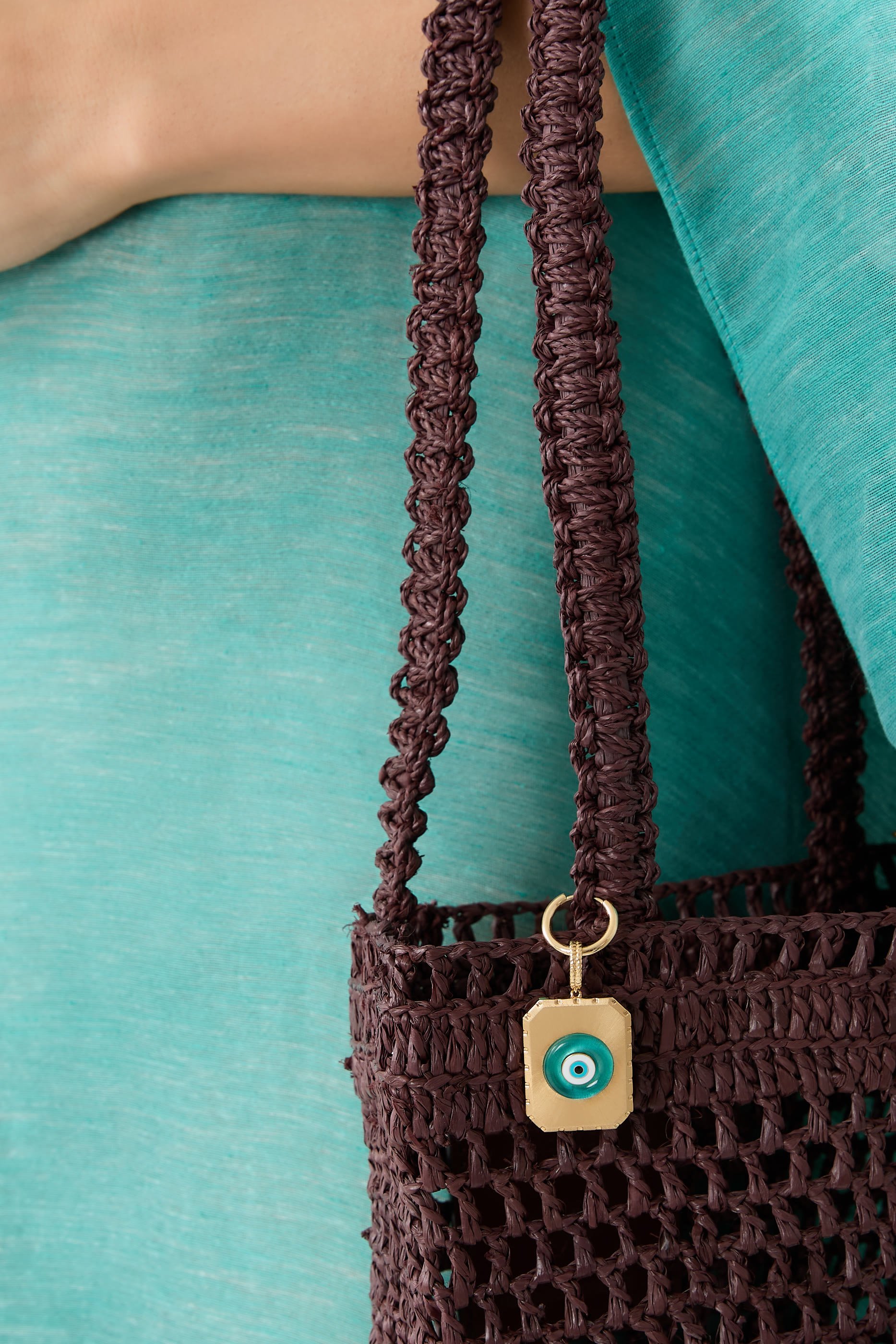 Evil Eye Brushed Charm, 18K Yellow Gold & Enamel