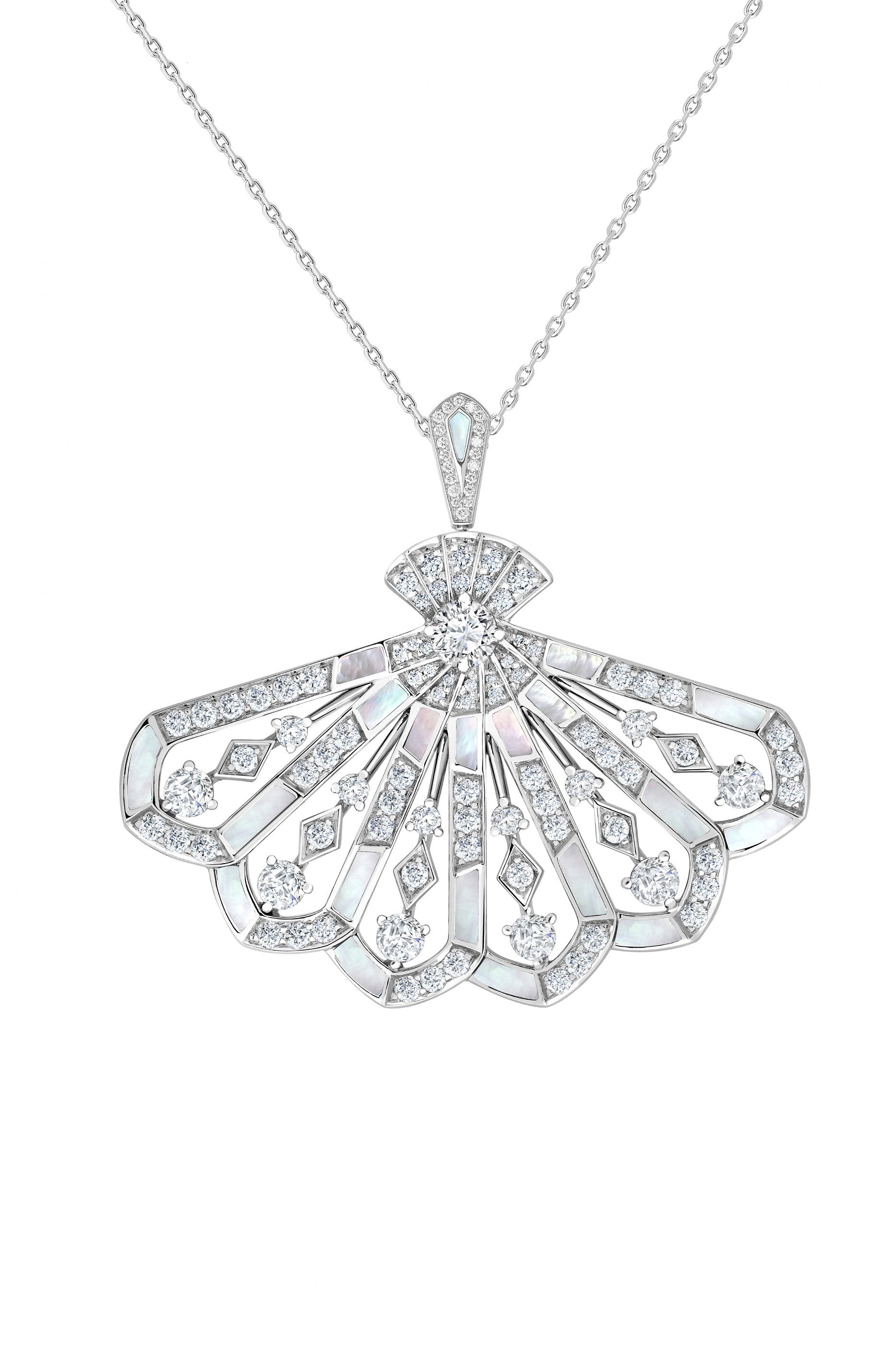 Fanfare Symphony Pendant, 18K White Gold with Diamonds & Mother of Pearl