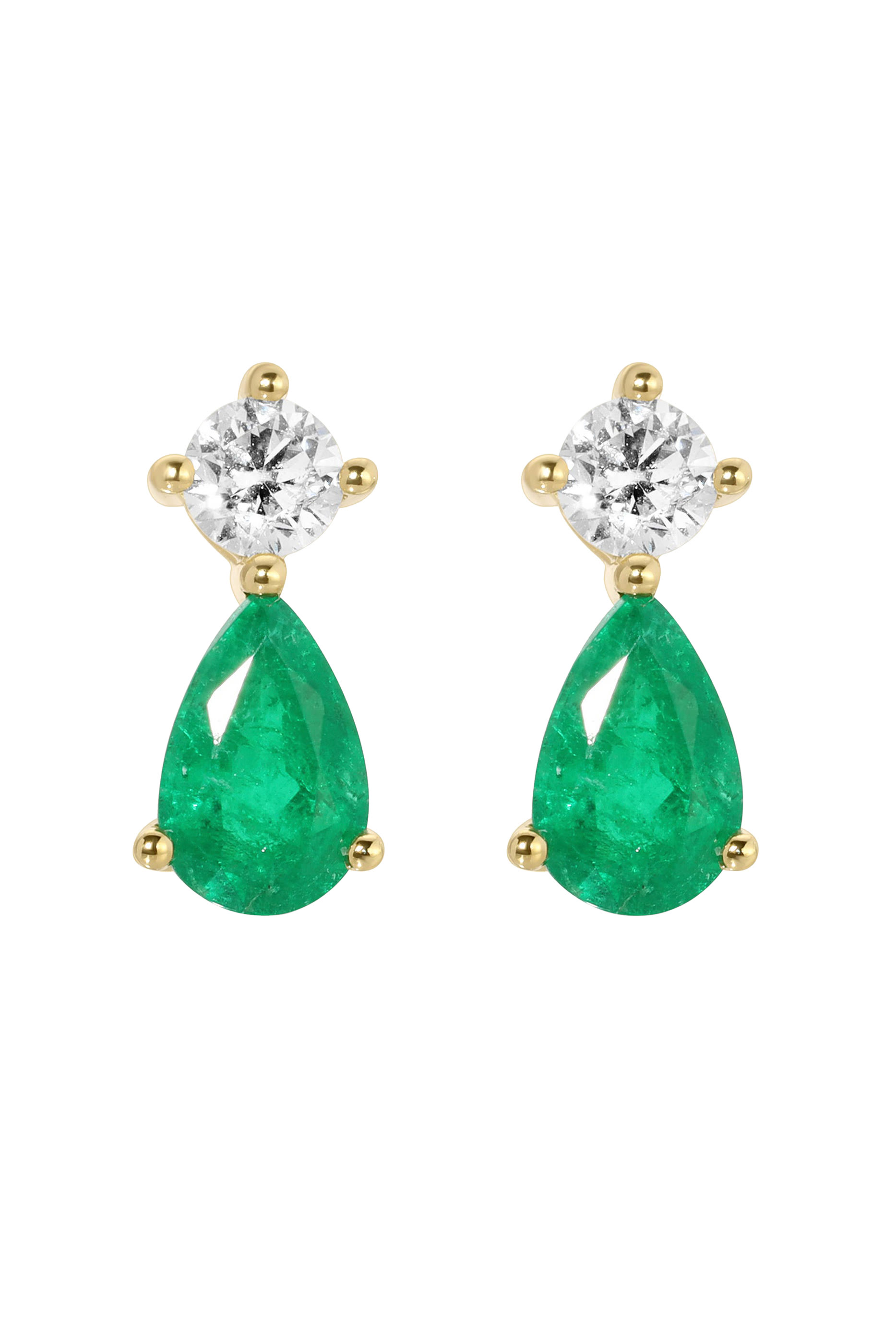 Emerald Violet Stud Earrings, 18k Yellow Gold, Pear Emeralds & Diamonds