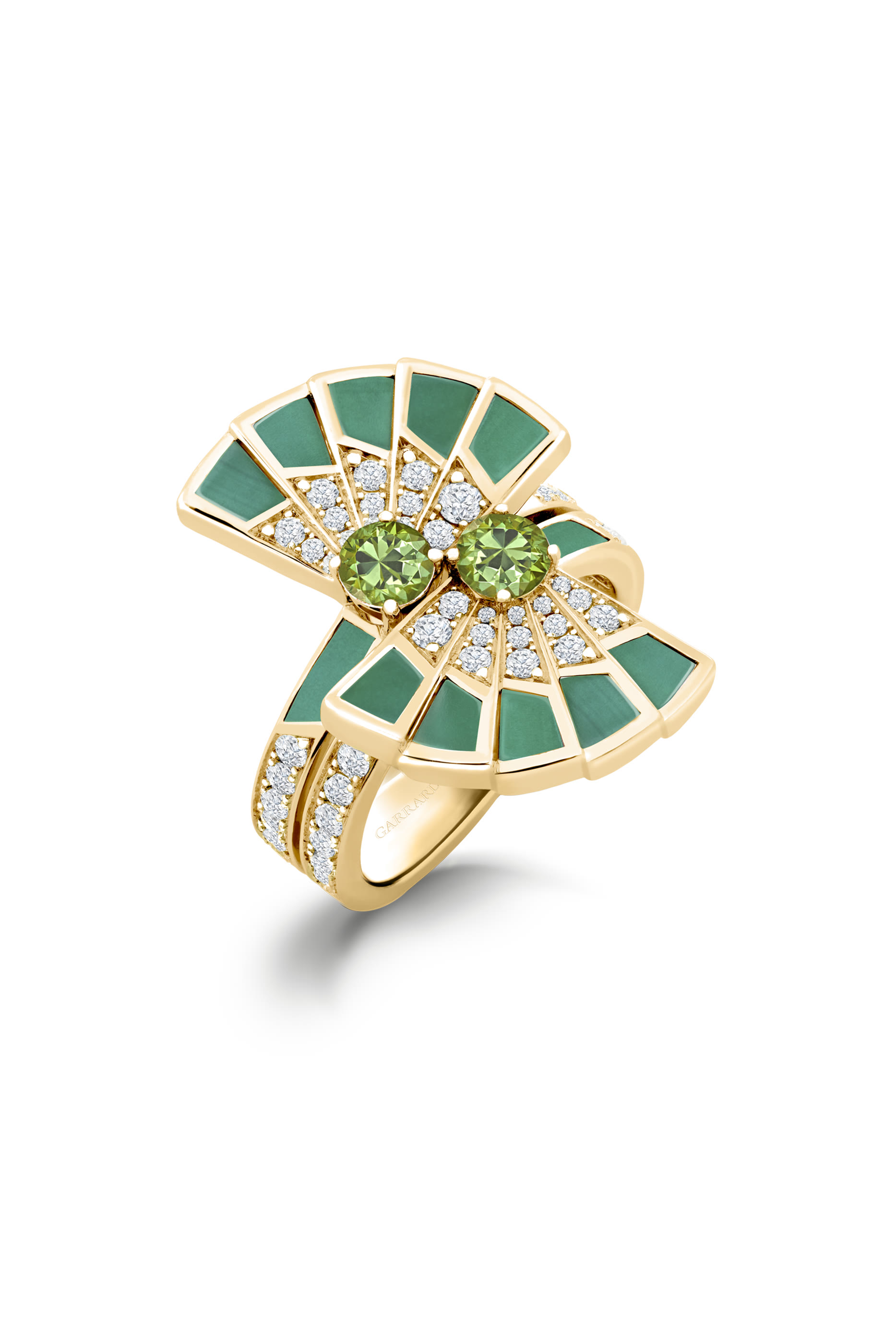Fanfare Symphony Ring, 18K Yellow Gold with Tsavorites, Diamonds and Apple Malachite