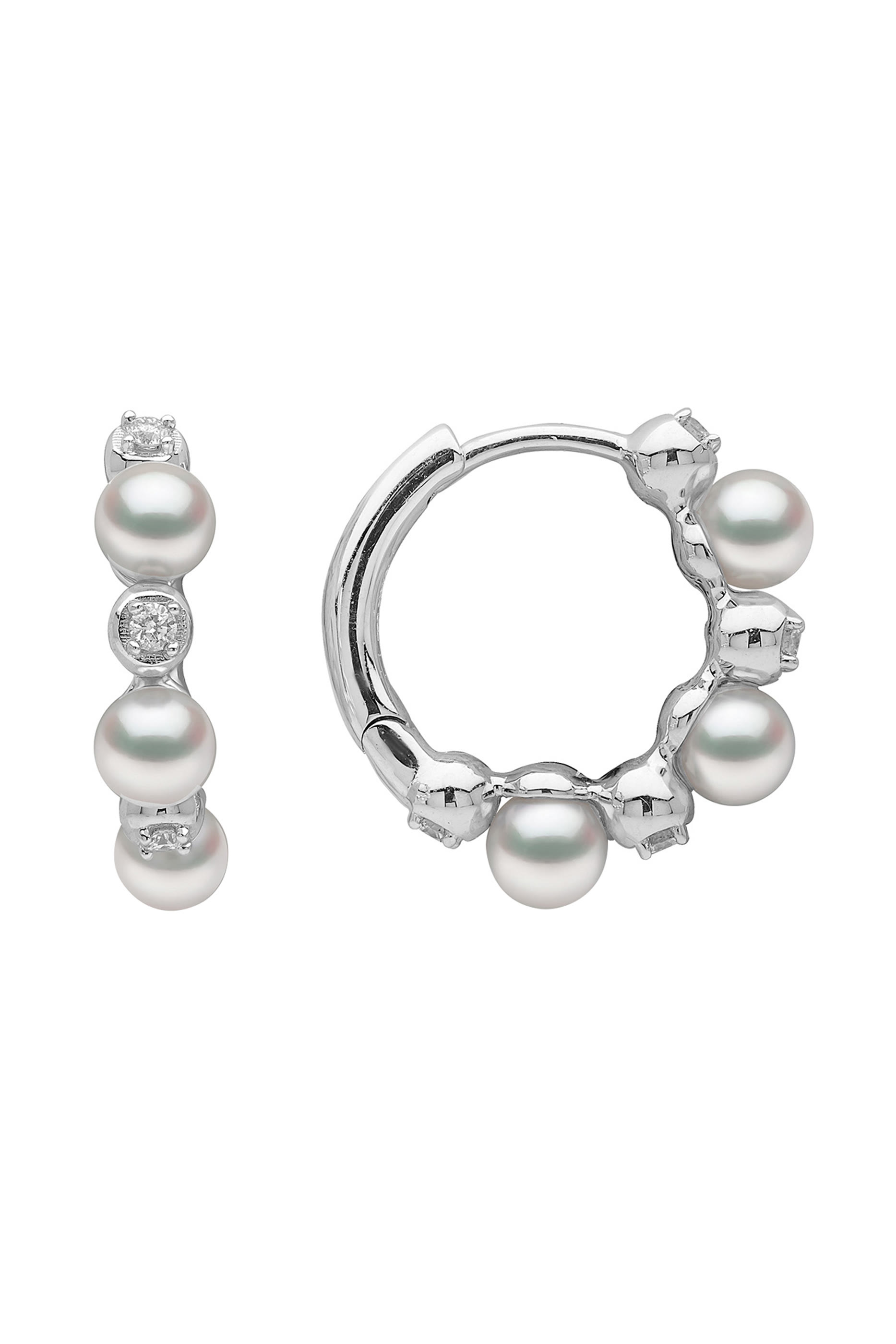 Eclipse Huggie Earrings, 18k White Gold, Diamond & Pearl