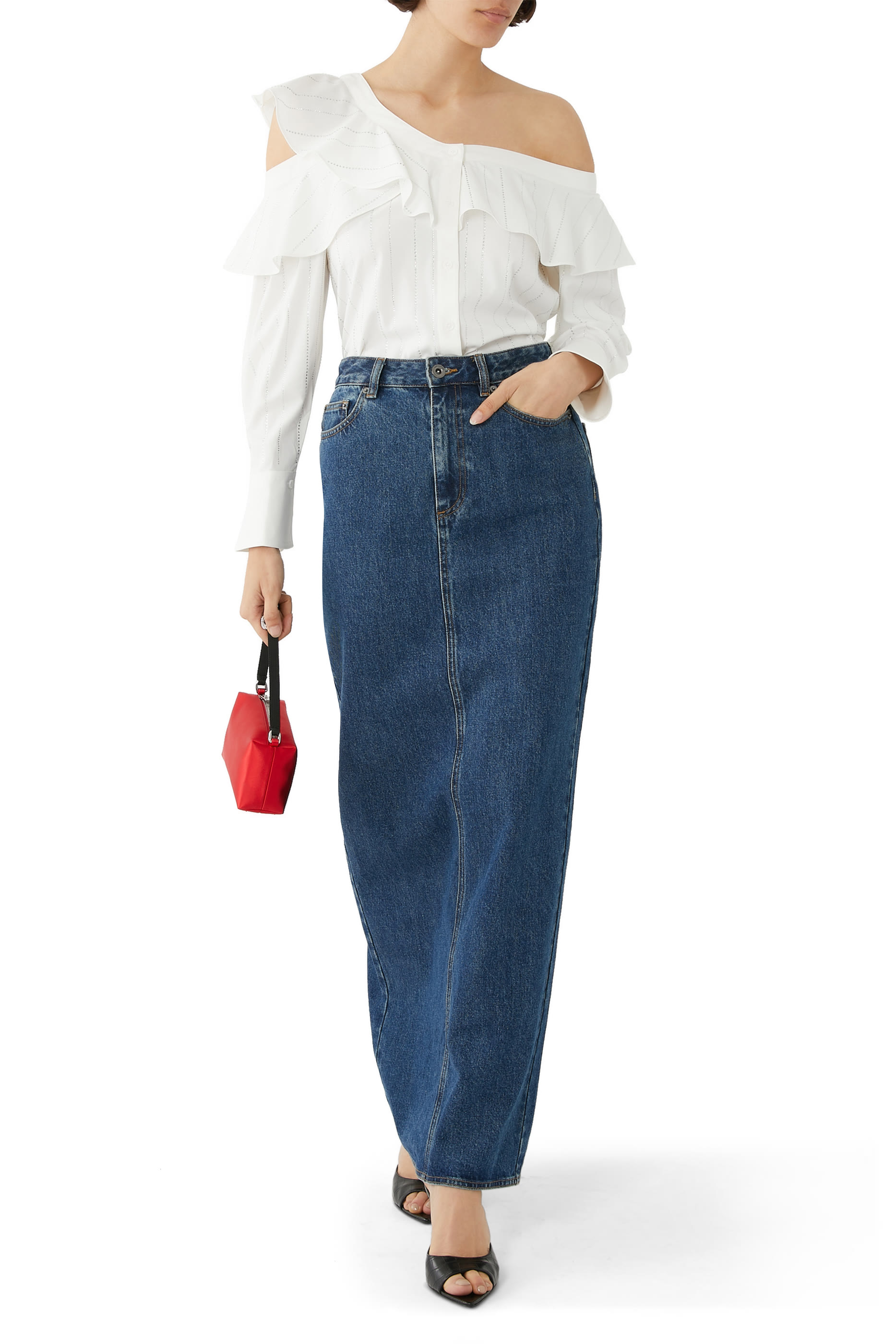 Rhinestone Stripe Ruffle Neckline Top