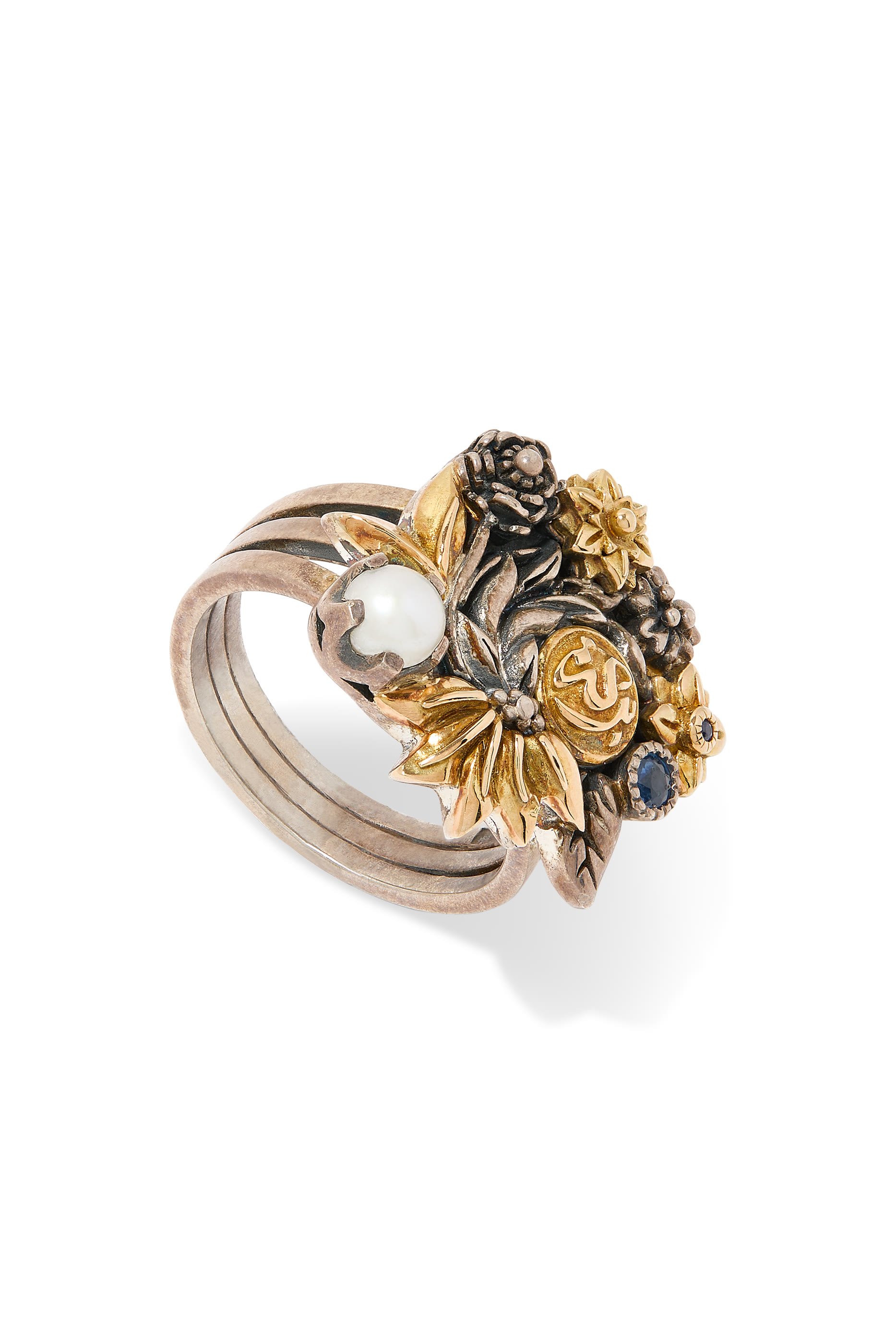 Blessing Ring, 18K Yellow Gold, Sterling Silver, Nature Pearl & Sapphire