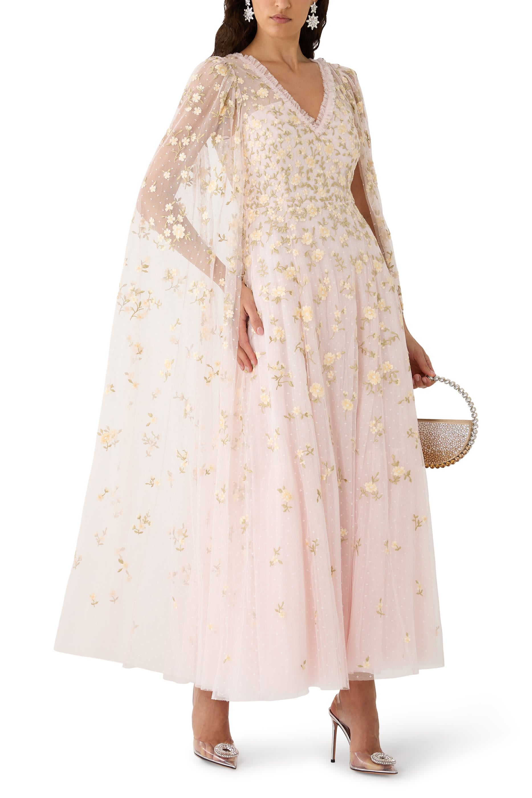 Lea Ditsy Cape Sleeve Ankle Gown