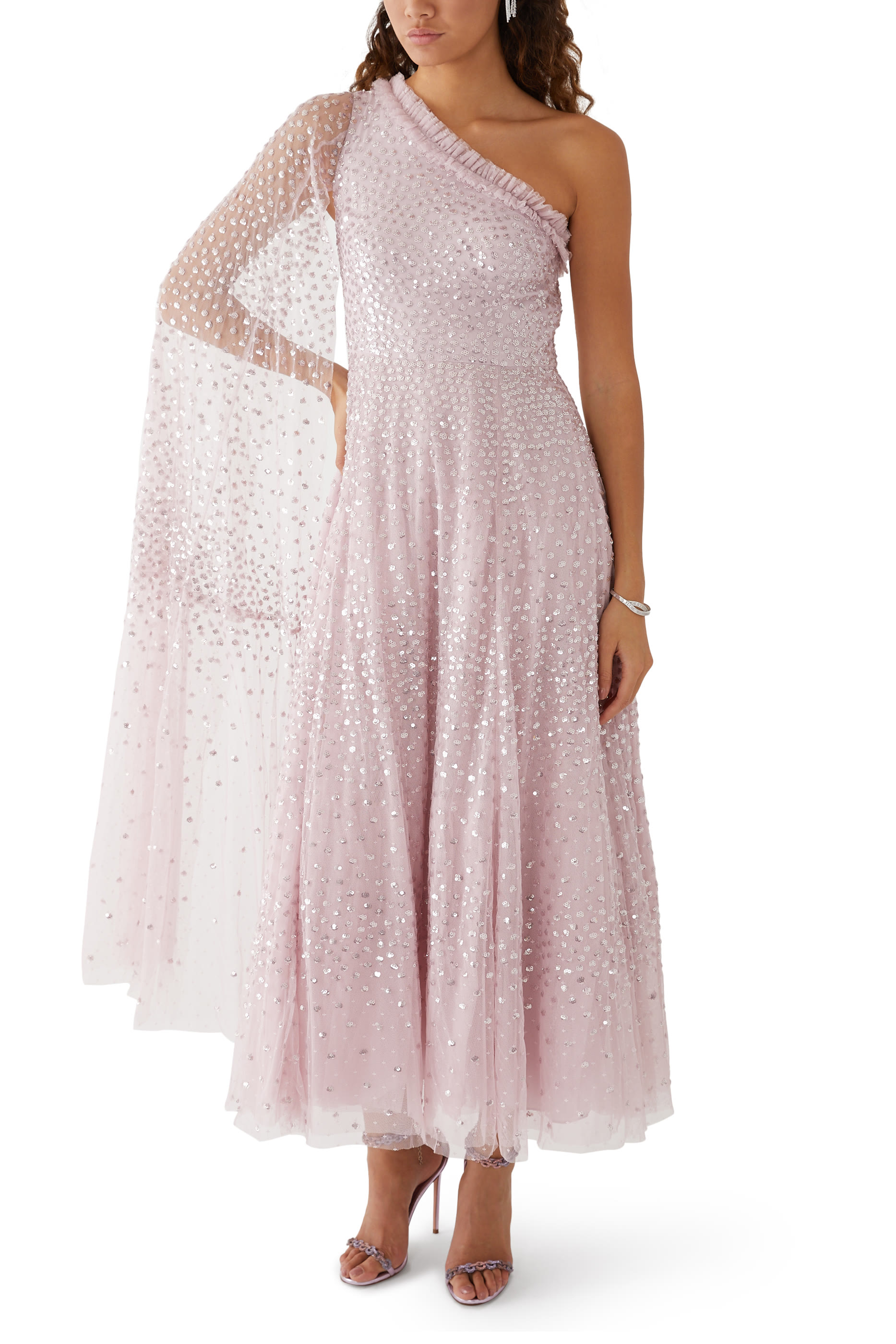 Scatter Dot One-Shoulder Ankle Gown