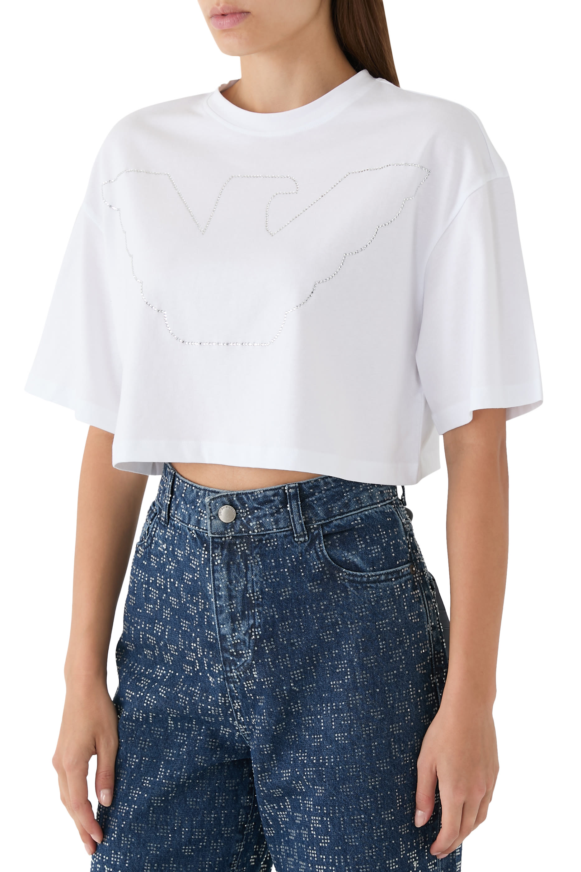 Rhinestone Eagle Logo Crop T-Shirt