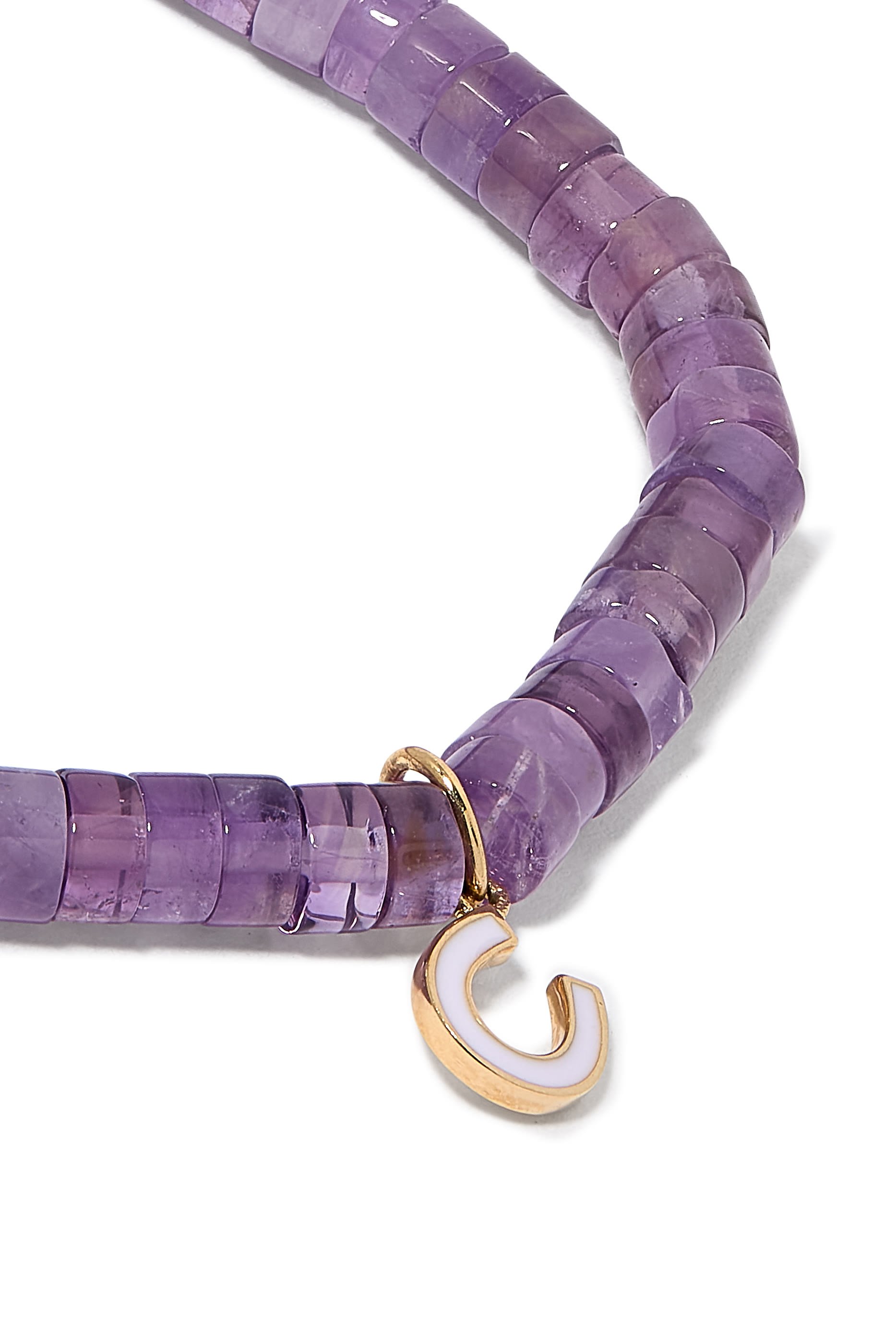 Kids Mini Horseshoe Heishi Beaded Bracelet, 14k Yellow Gold & Enamel, Amethyst Beads
