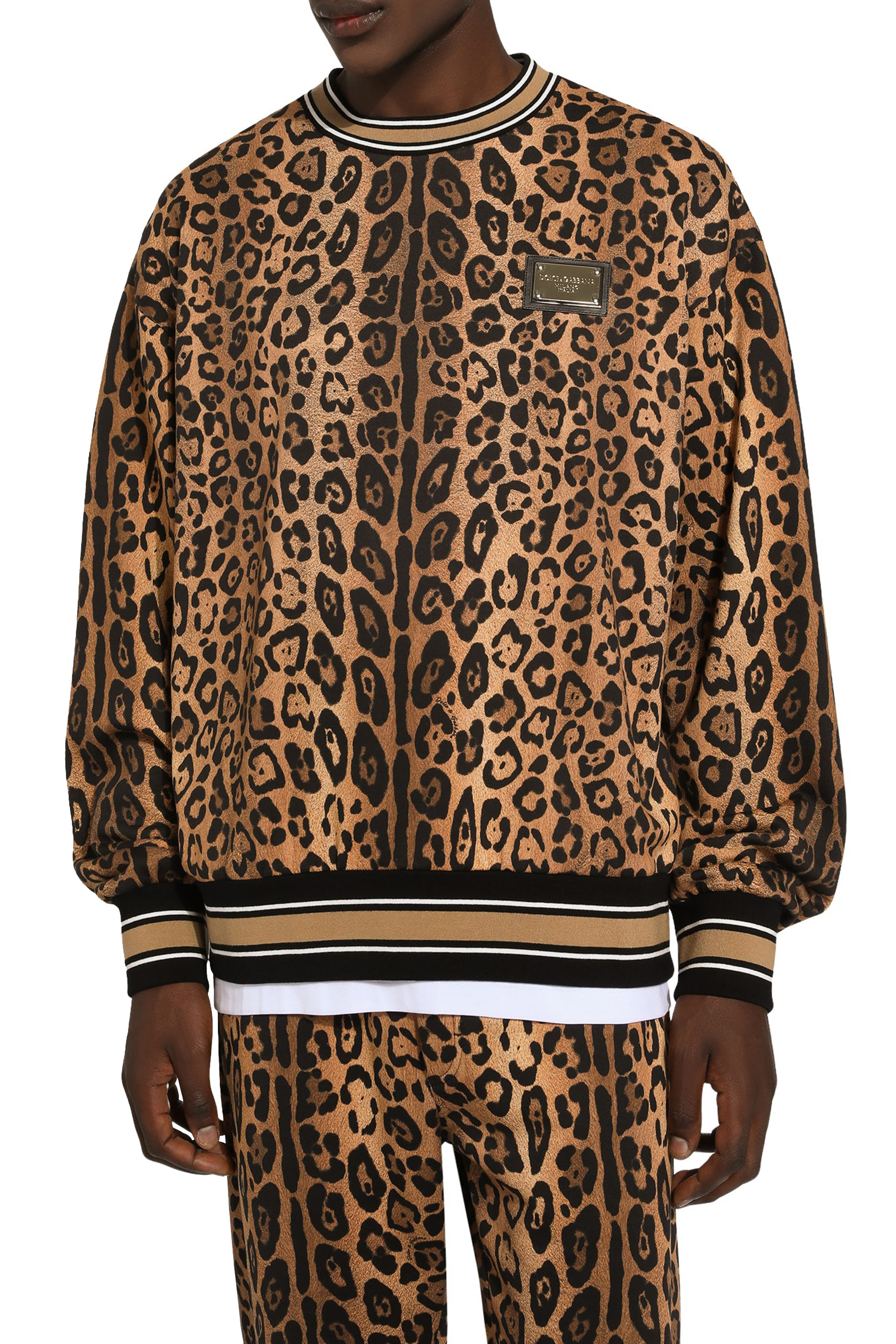 Round-Neck Sweatshirt with Leopard-Print Crespo and Tag