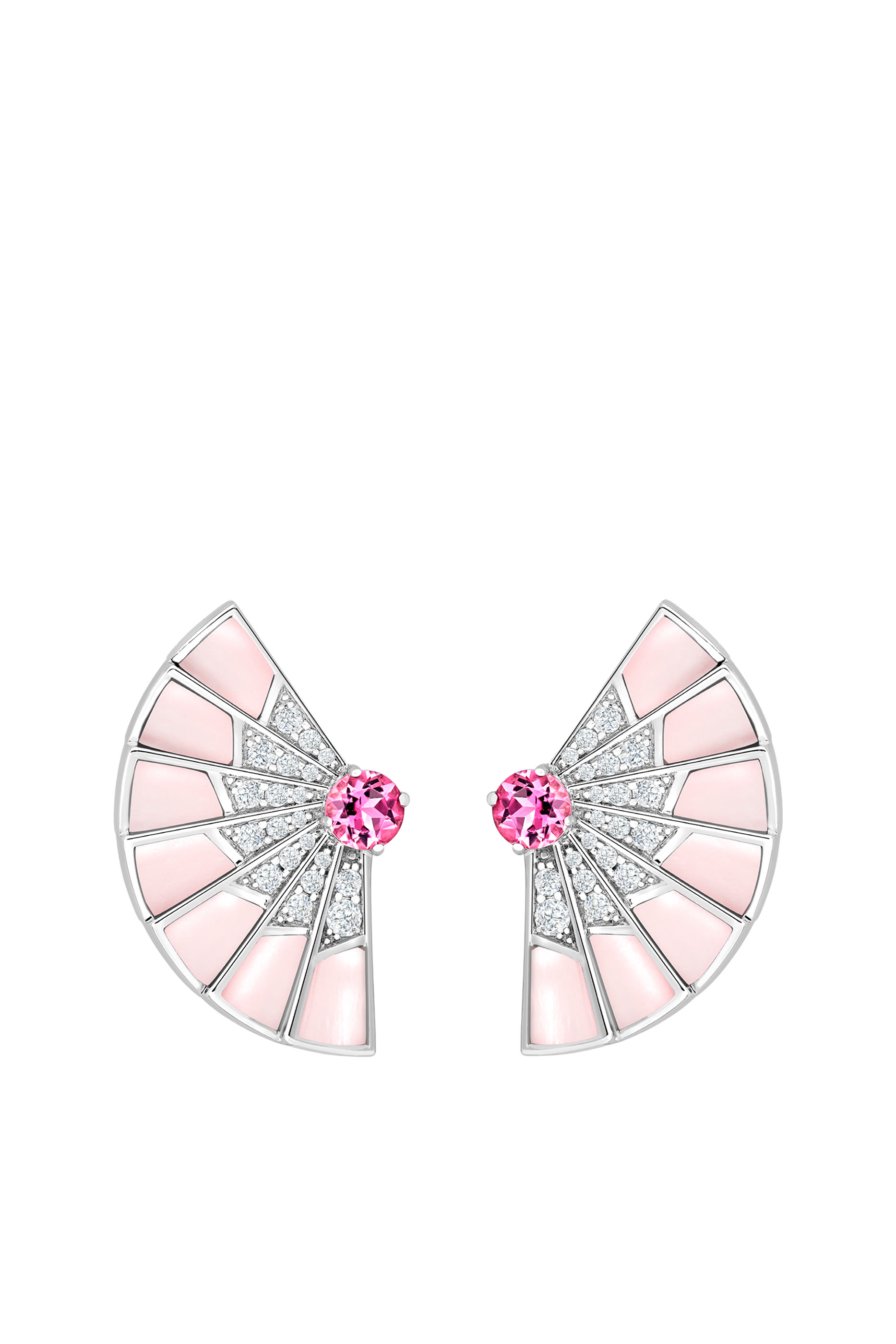 Fanfare Symphony Earrings, 18K White Gold with with Pink Tourmalines, Diamonds and Pink Opal