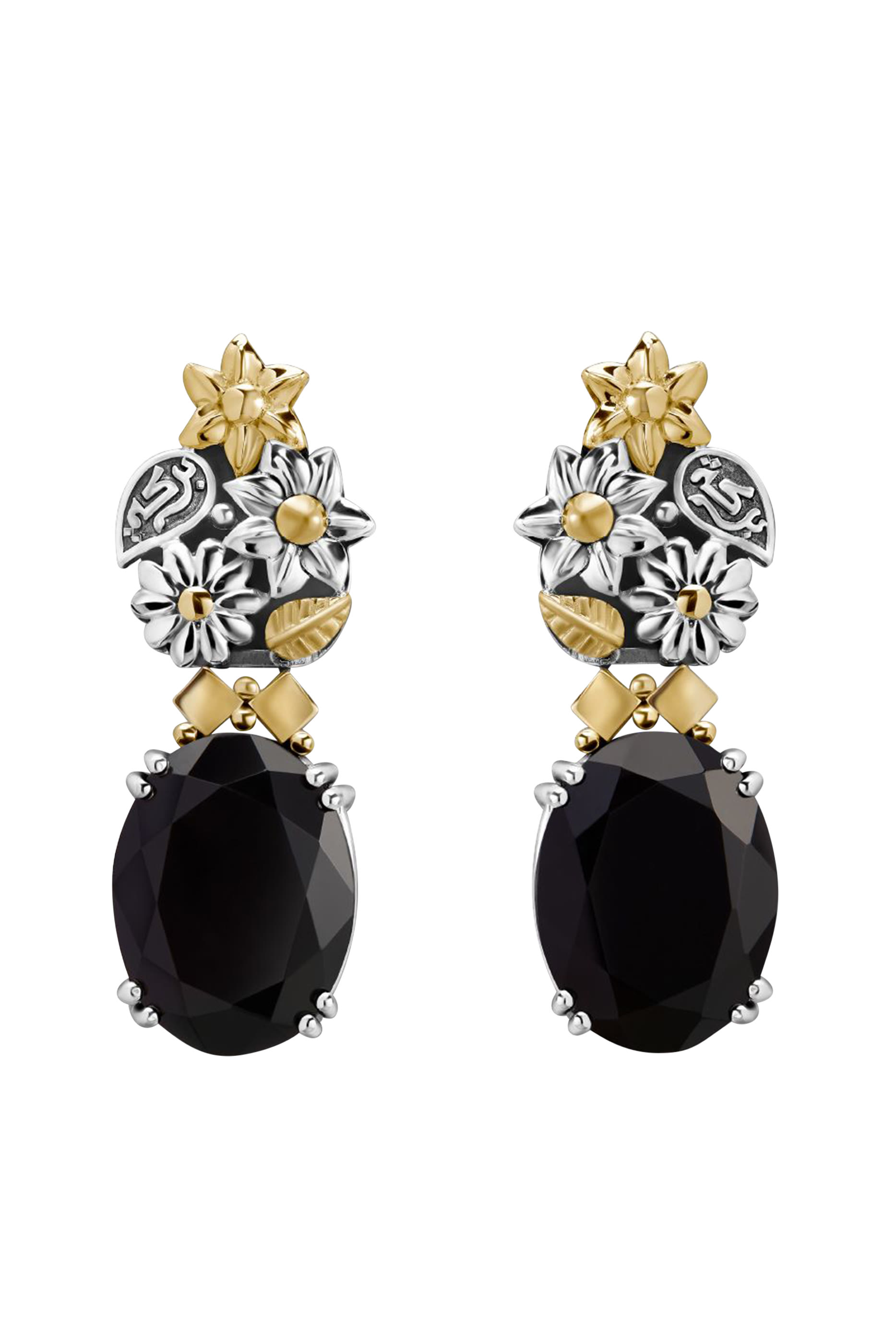 Bouquet of Blessings Earrings, 18k Yellow Gold with Sterling Silver & Black Onyx