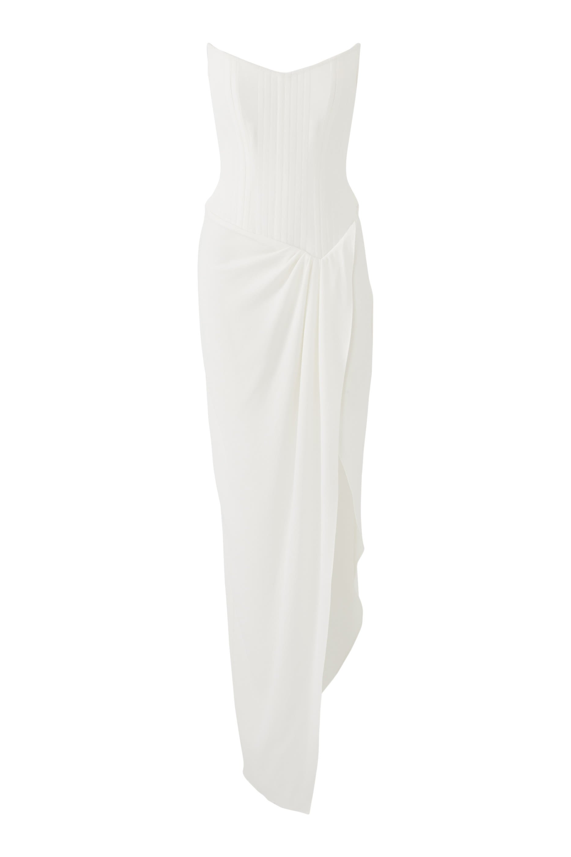 Strapless Corset Asymmetrical Longline Drape Gown in Crepe