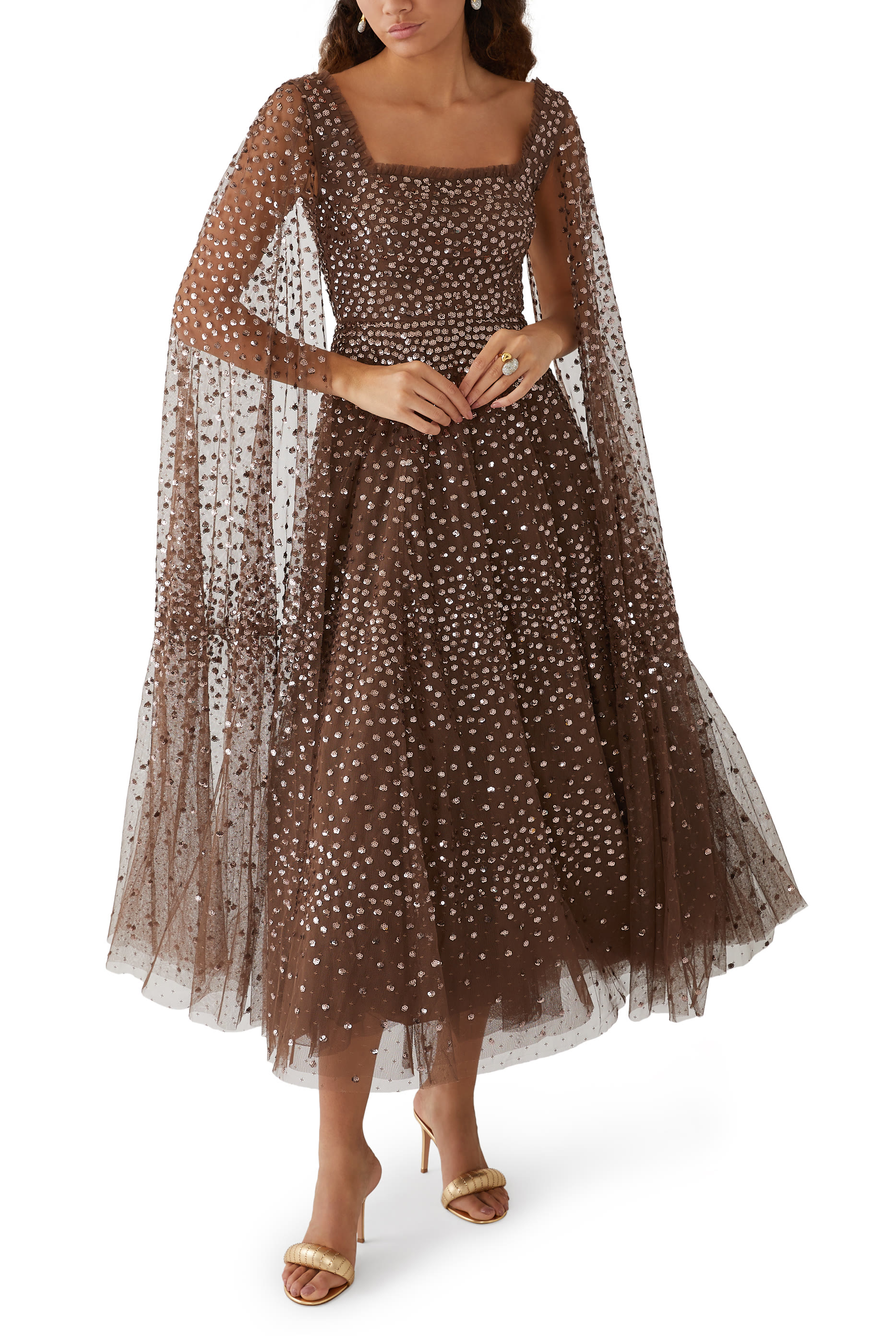 Scatter Dot Cape Sleeve Ankle Gown