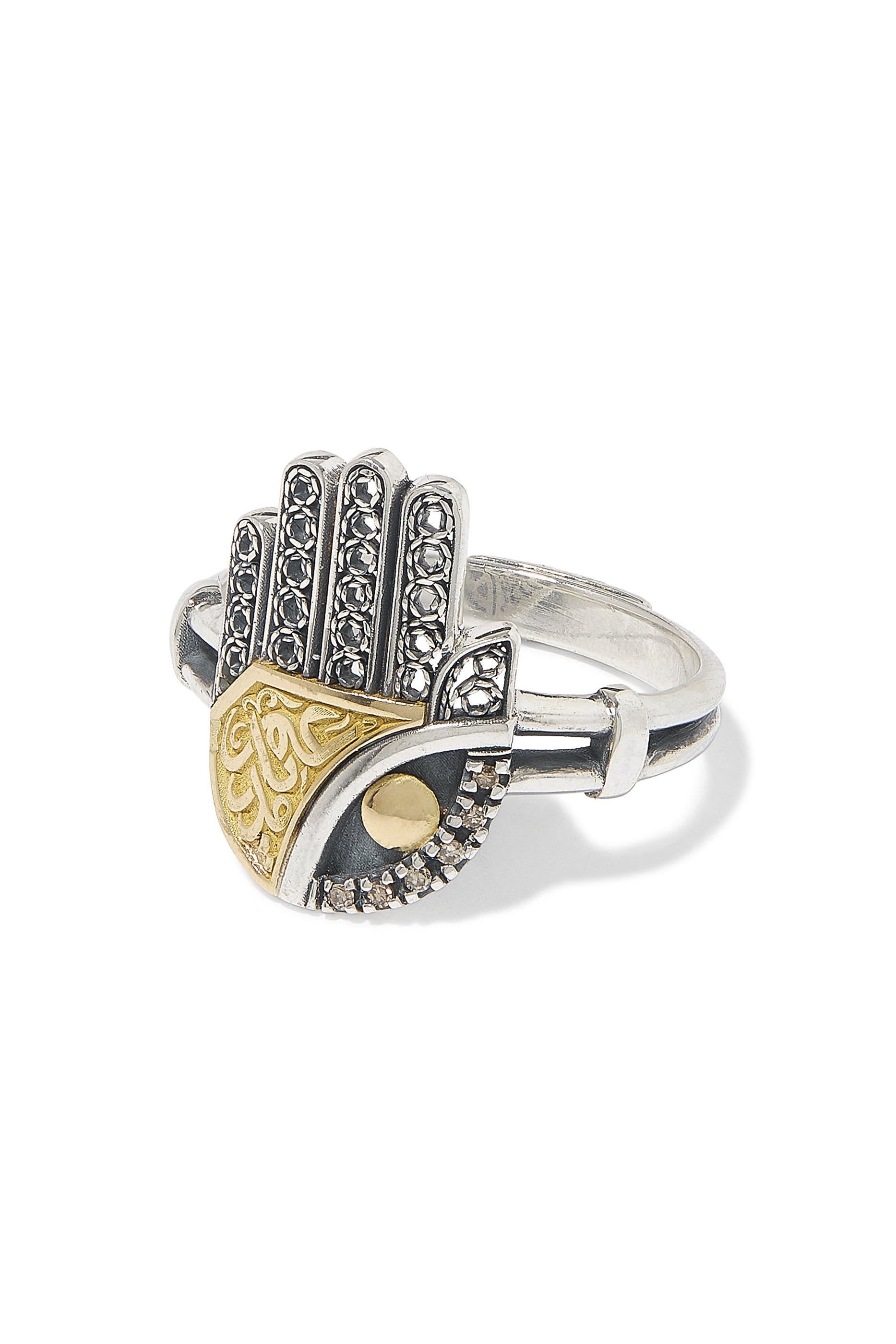 Filigree Kaf Ring, 18K Gold with Sterling Silver & Champagne Diamonds