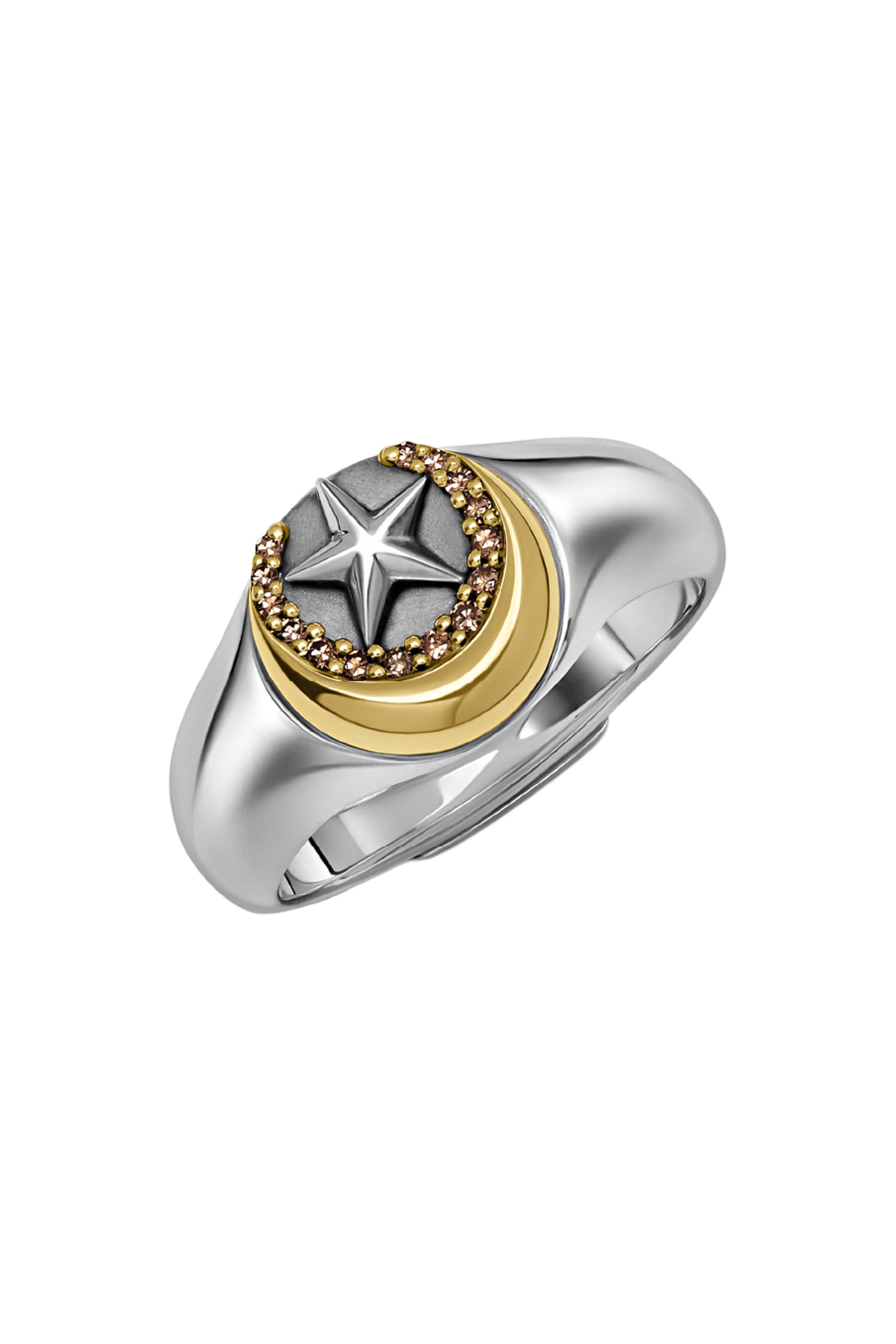 Star & Crescent Chevalier Ring, 18K Gold and Sterling Silver & Champagne Diamonds
