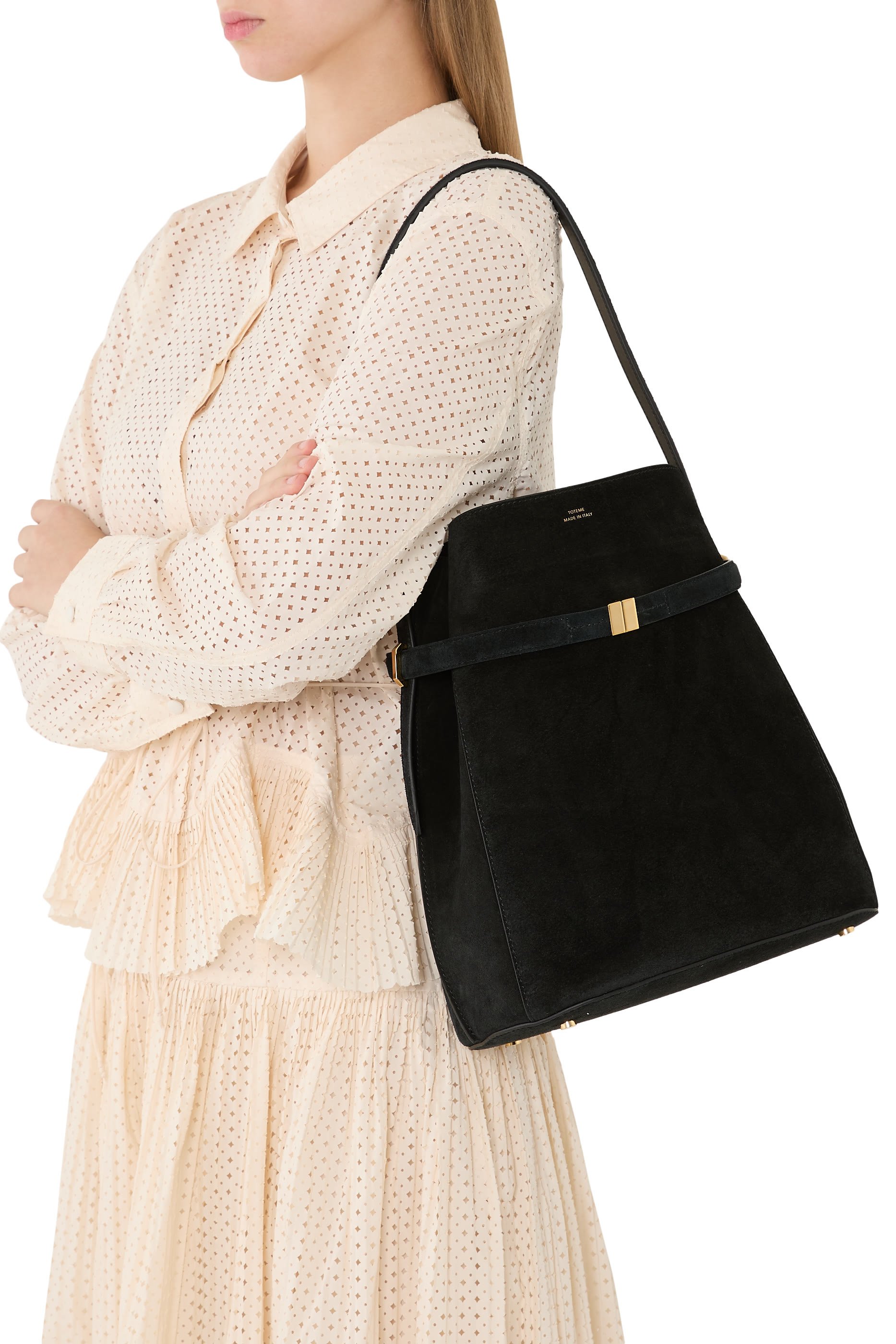 Belted Suede Bucket Bag