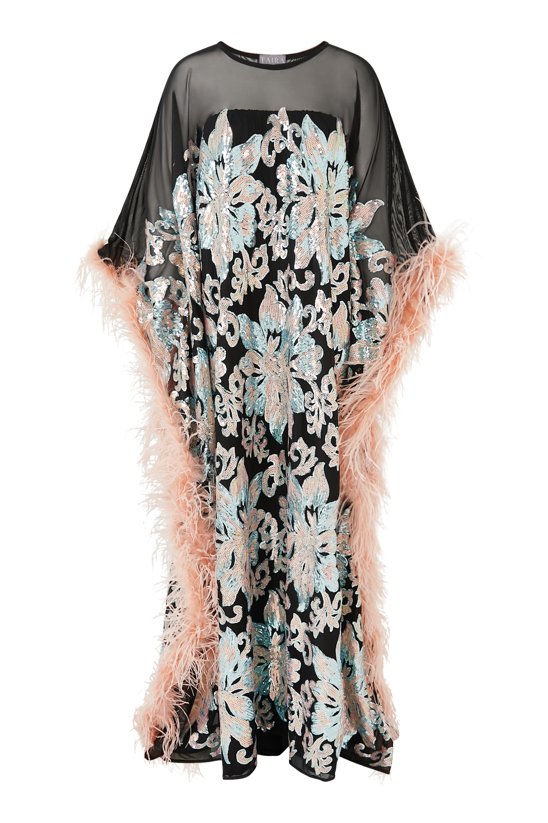 Sequin Embroidery and Feather Trim Kaftan
