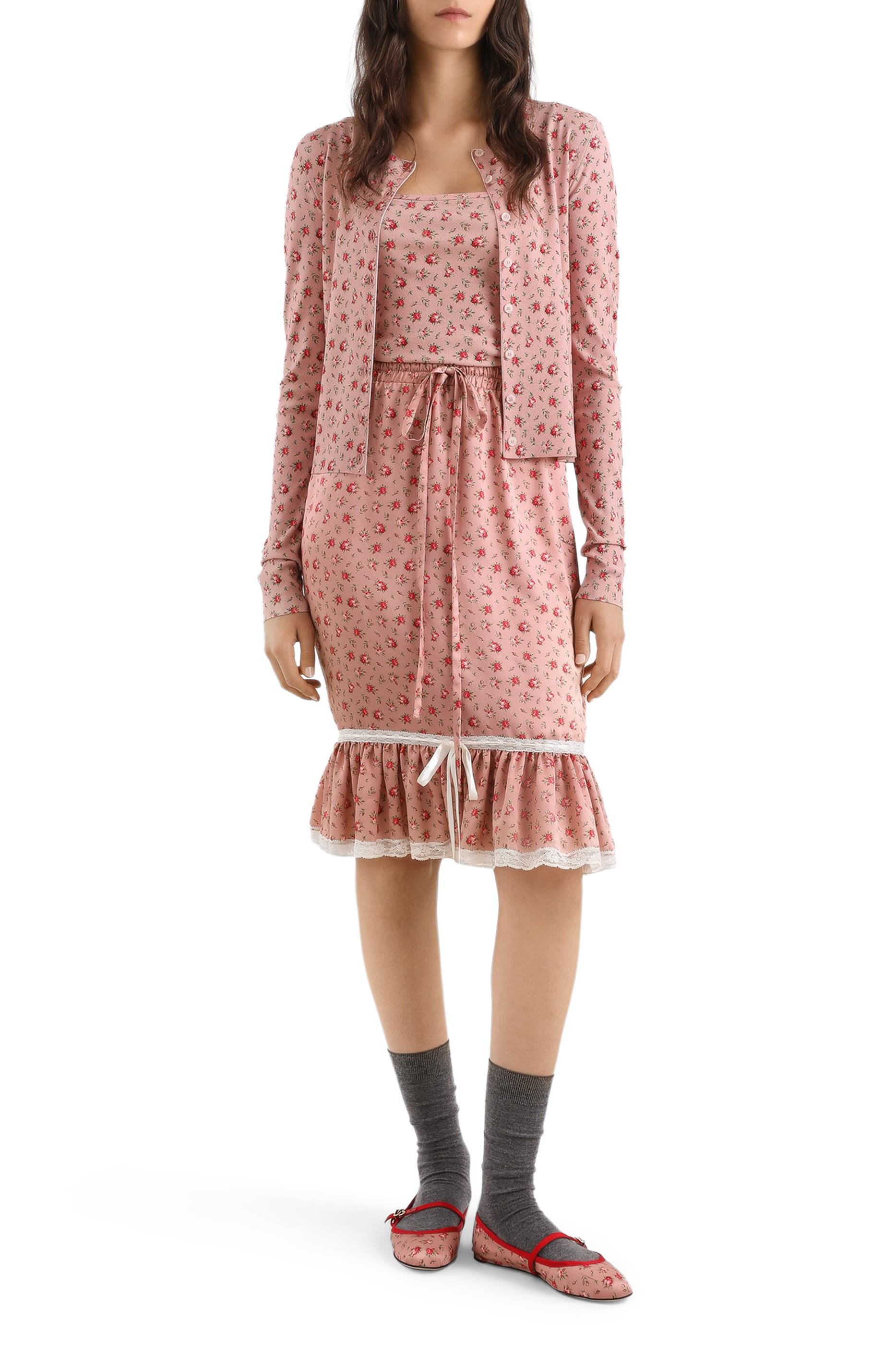 Small Rose-Print Straight Satin Skirt