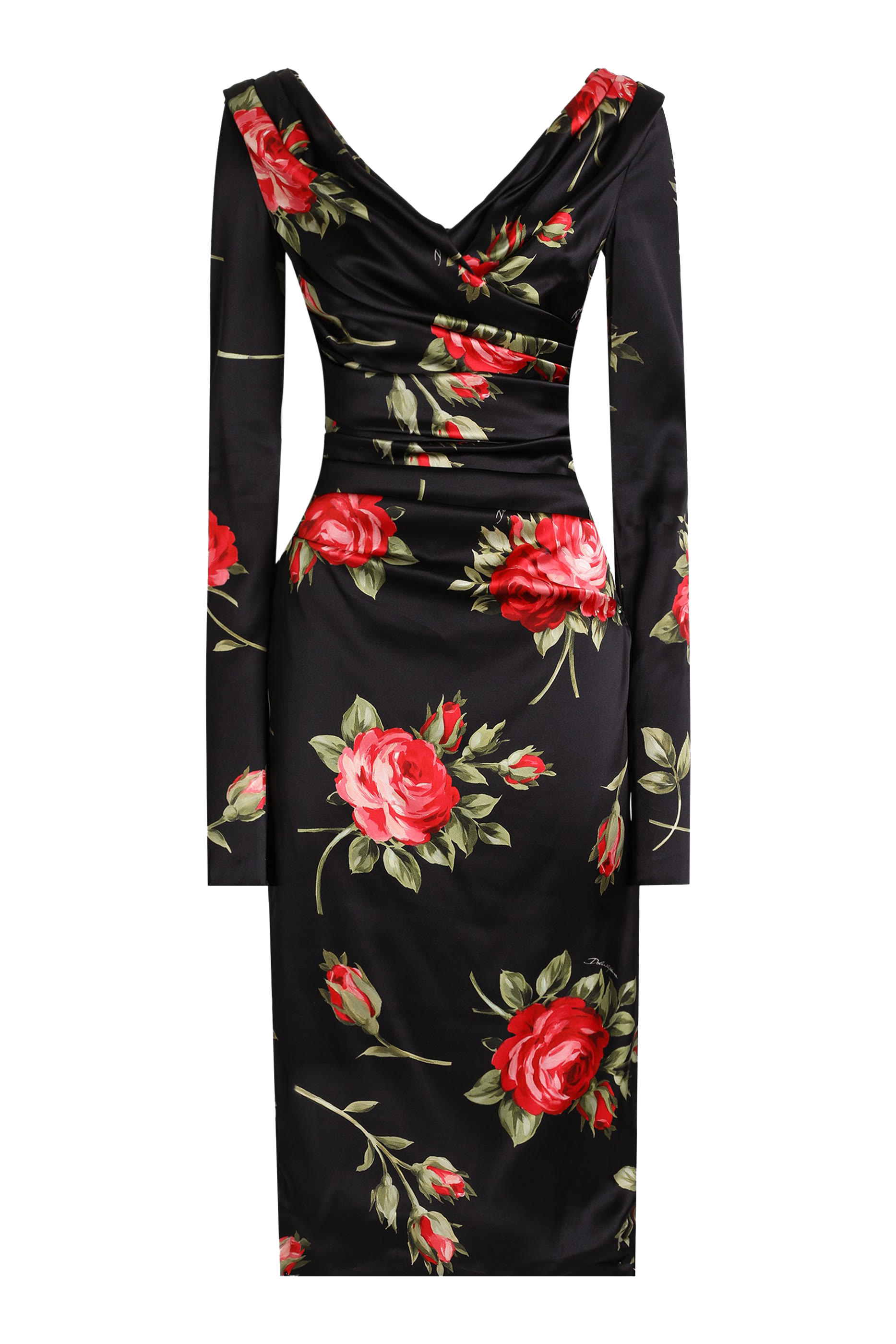 Rose Bouquet-Print Draped Satin Dress