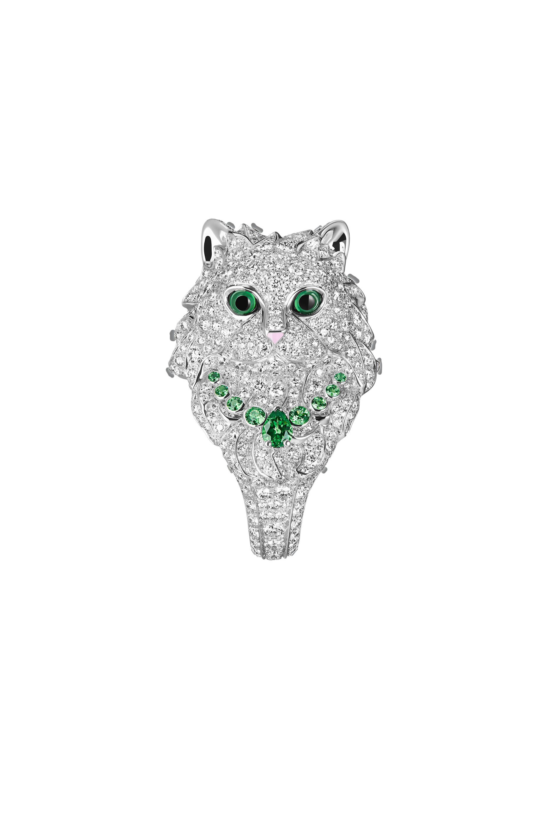 Wladimir the Cat Ring, 18k White Gold & Tsavorite, Diamonds