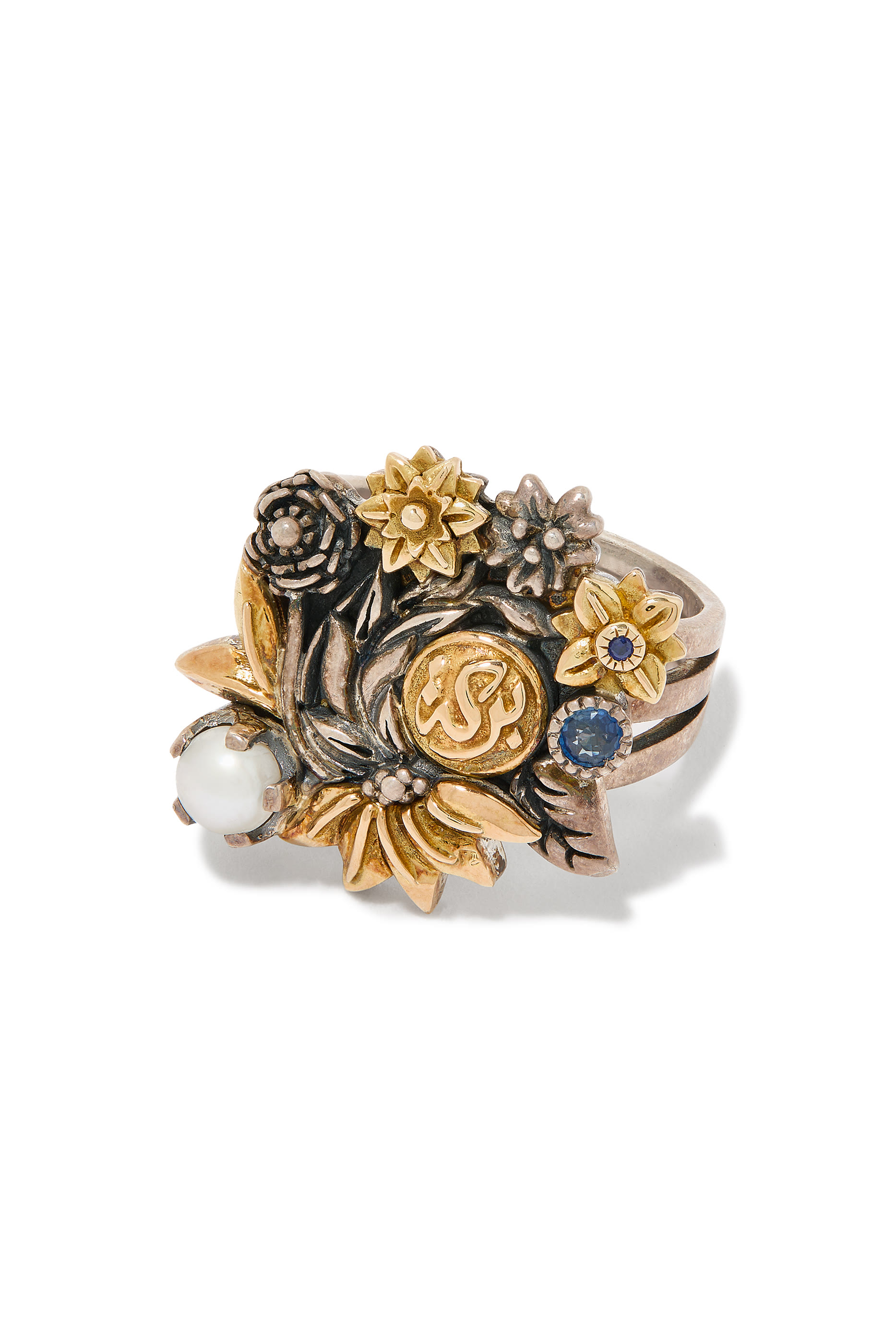 Blessing Ring, 18K Yellow Gold, Sterling Silver, Nature Pearl & Sapphire