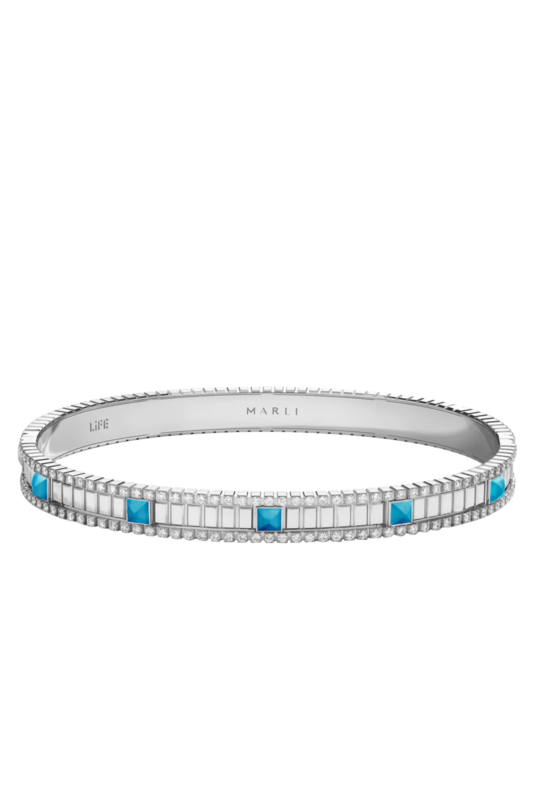 Life Hinged Bangle, 18K White Gold with Turquoise and Diamonds  