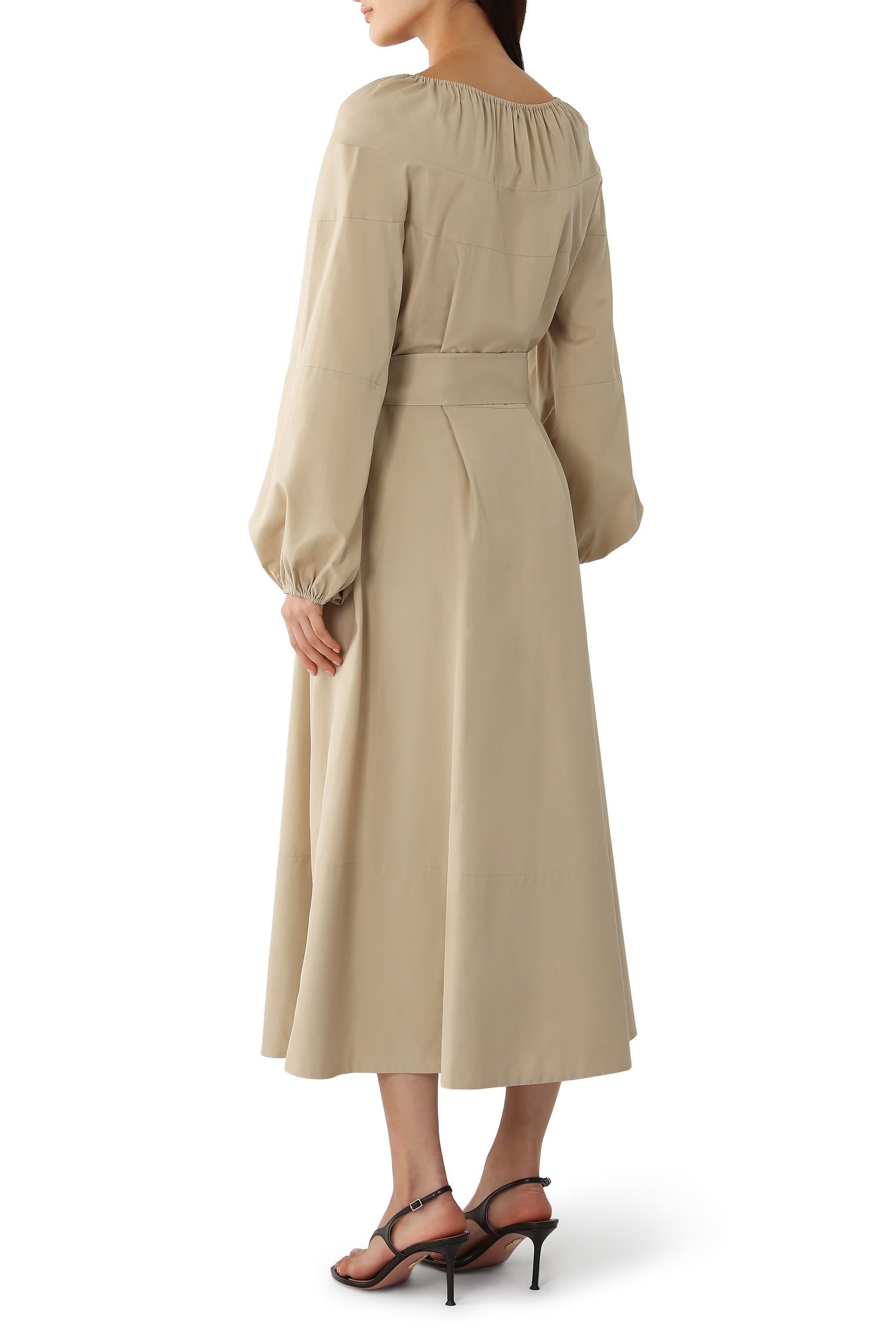 Shirred Cotton Belted Tie-Neck Dress