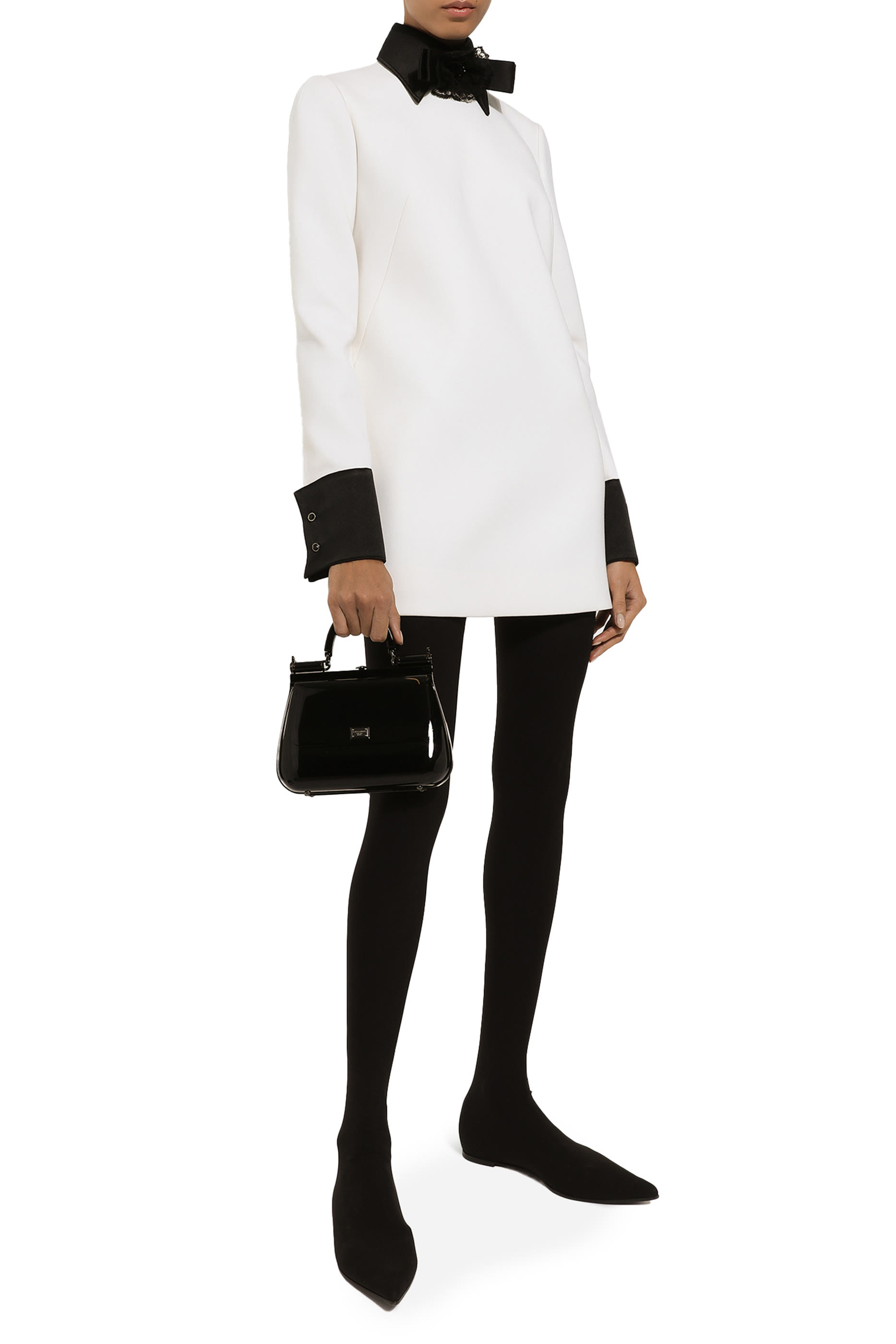 Short Woolen Dress with Satin Details