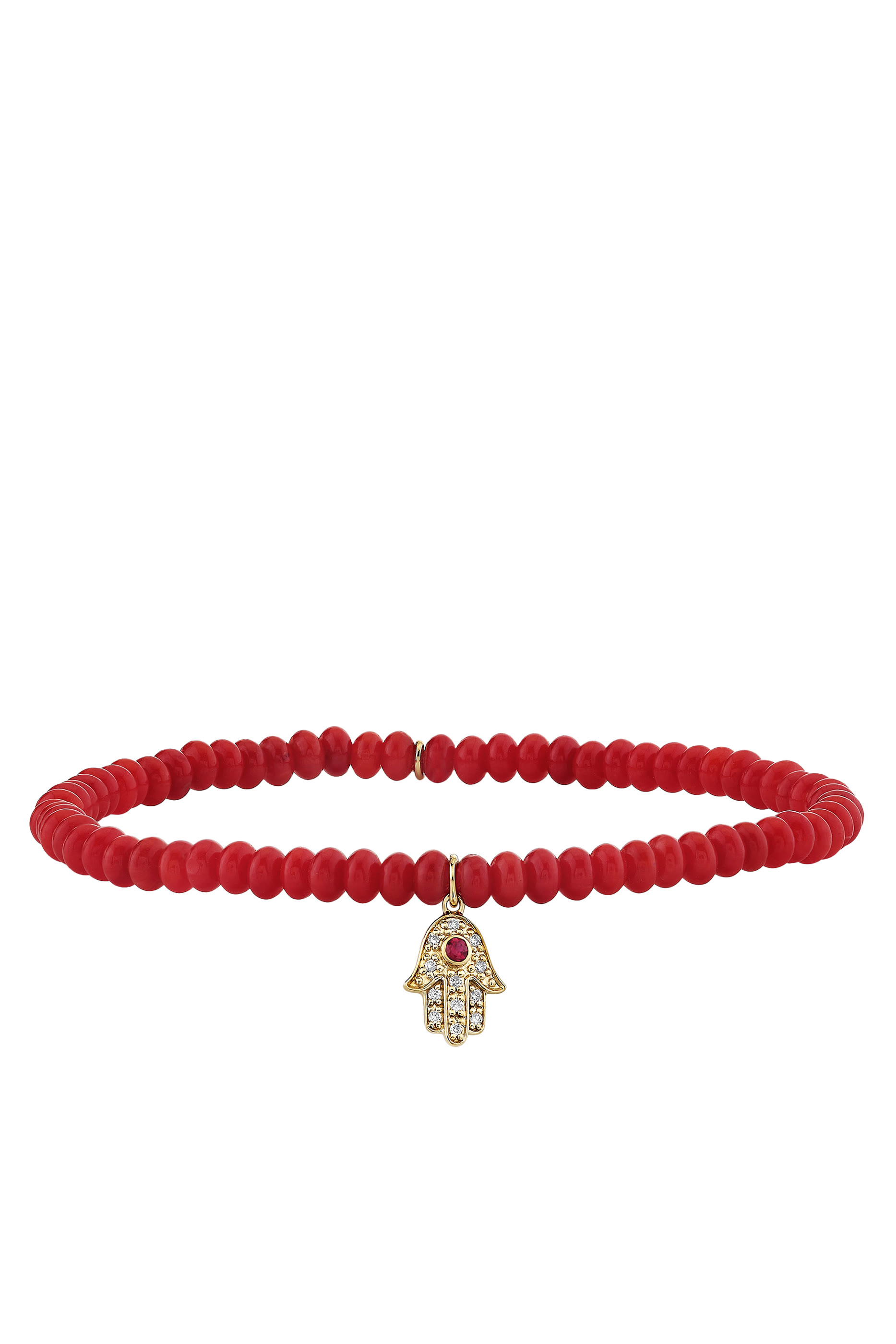Mini Hamsa Beaded Bracelet, 14K Yellow Gold with Diamonds, Ruby & Red Sea Bamboo Beads