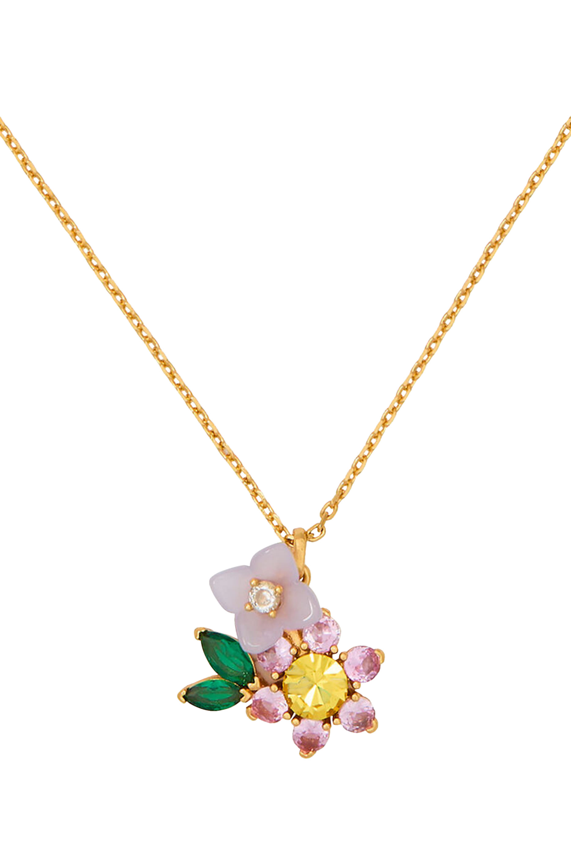 Bursting Blooms Pendant, Brass & Cubic Zirconia, Czech Glass Stone, Resin