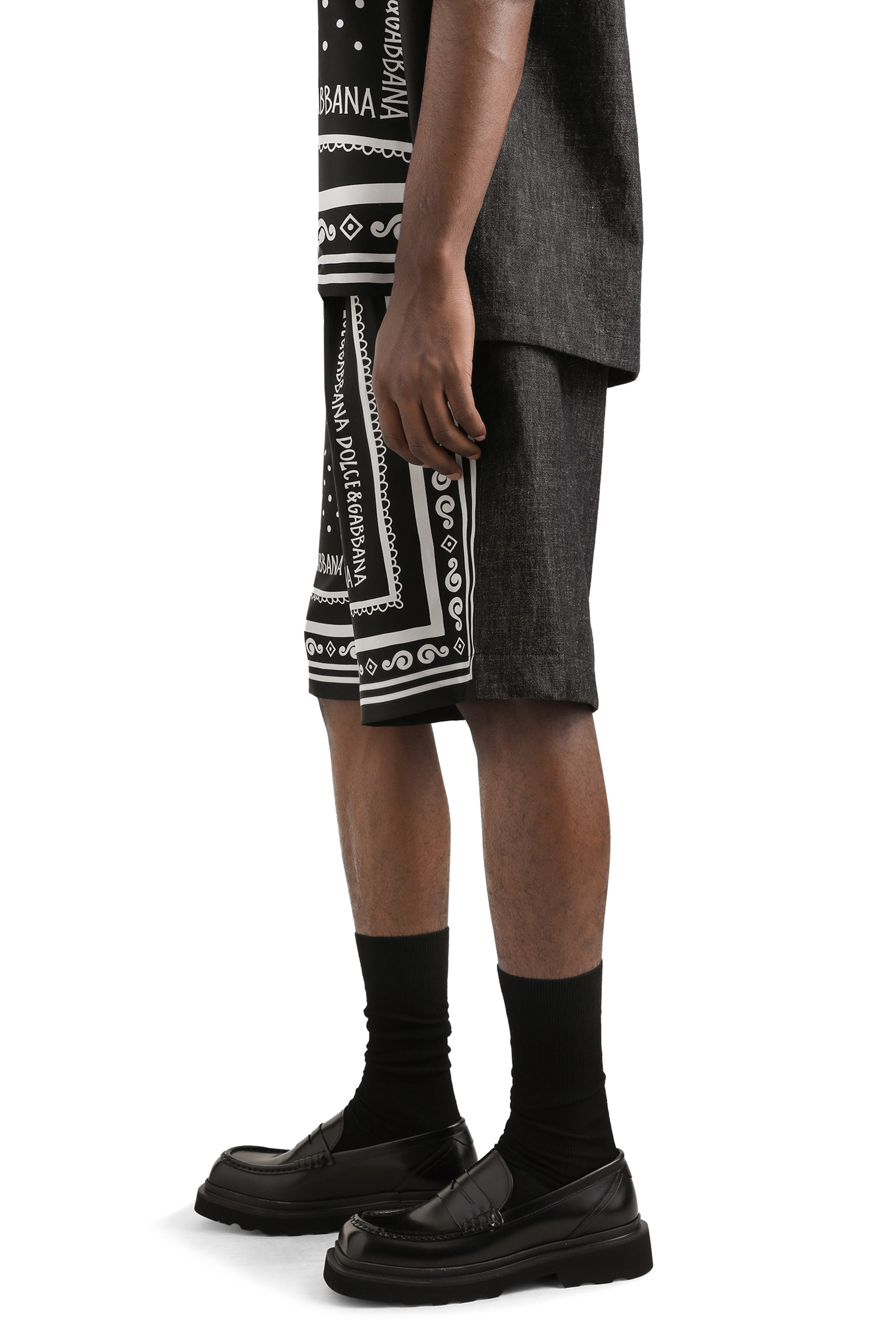 Printed Silk and Denim Shorts