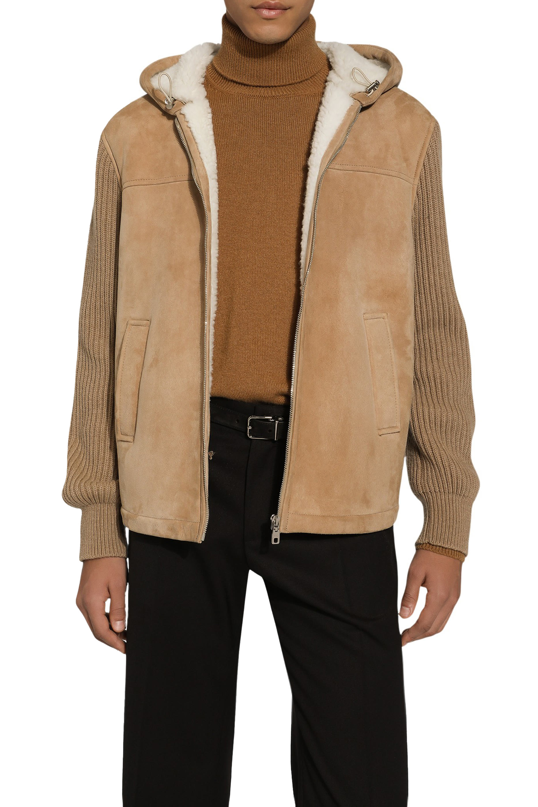 Sheepskin Jacket with Knit Inserts and Hood