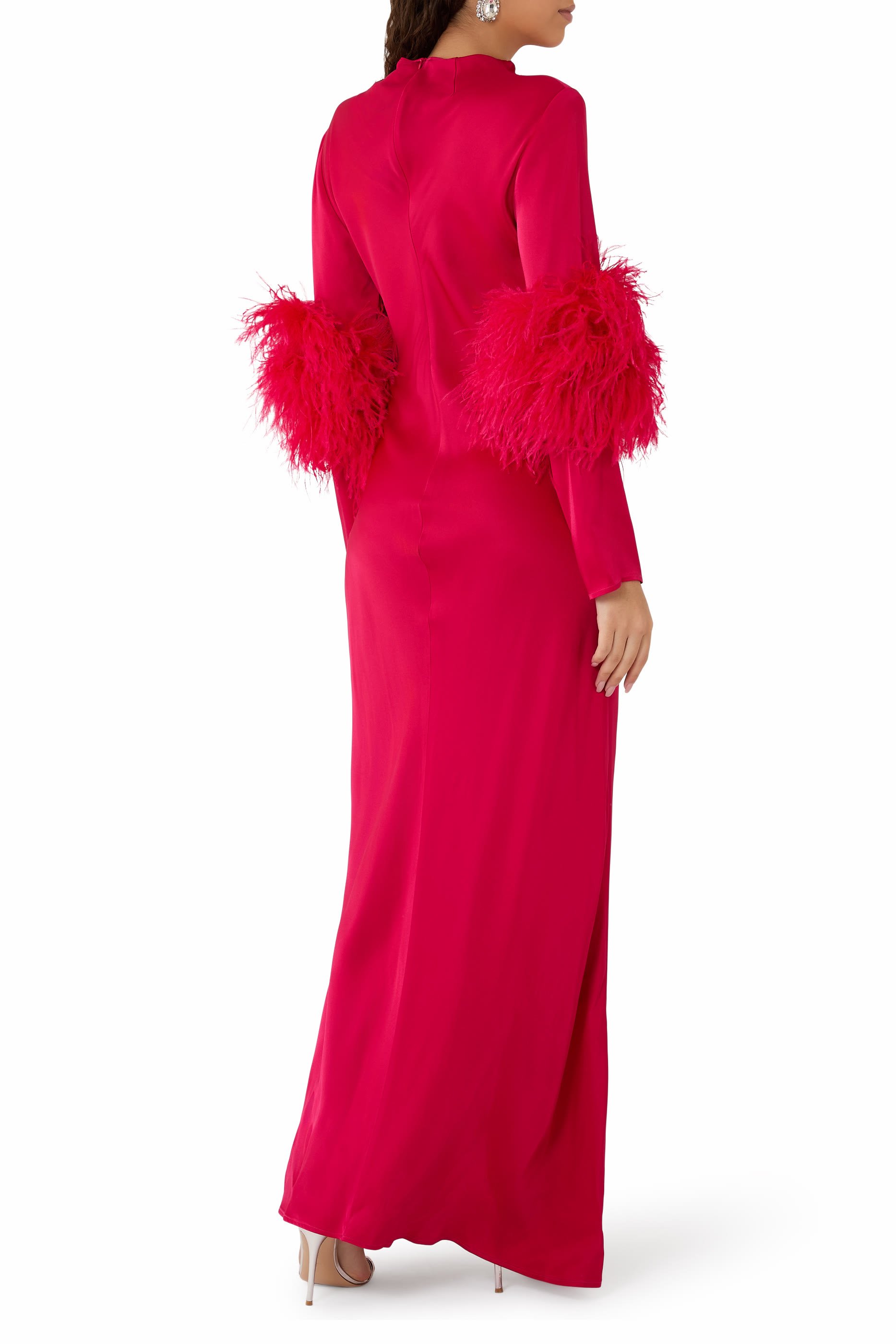  Satin Tab Gown with Feathers