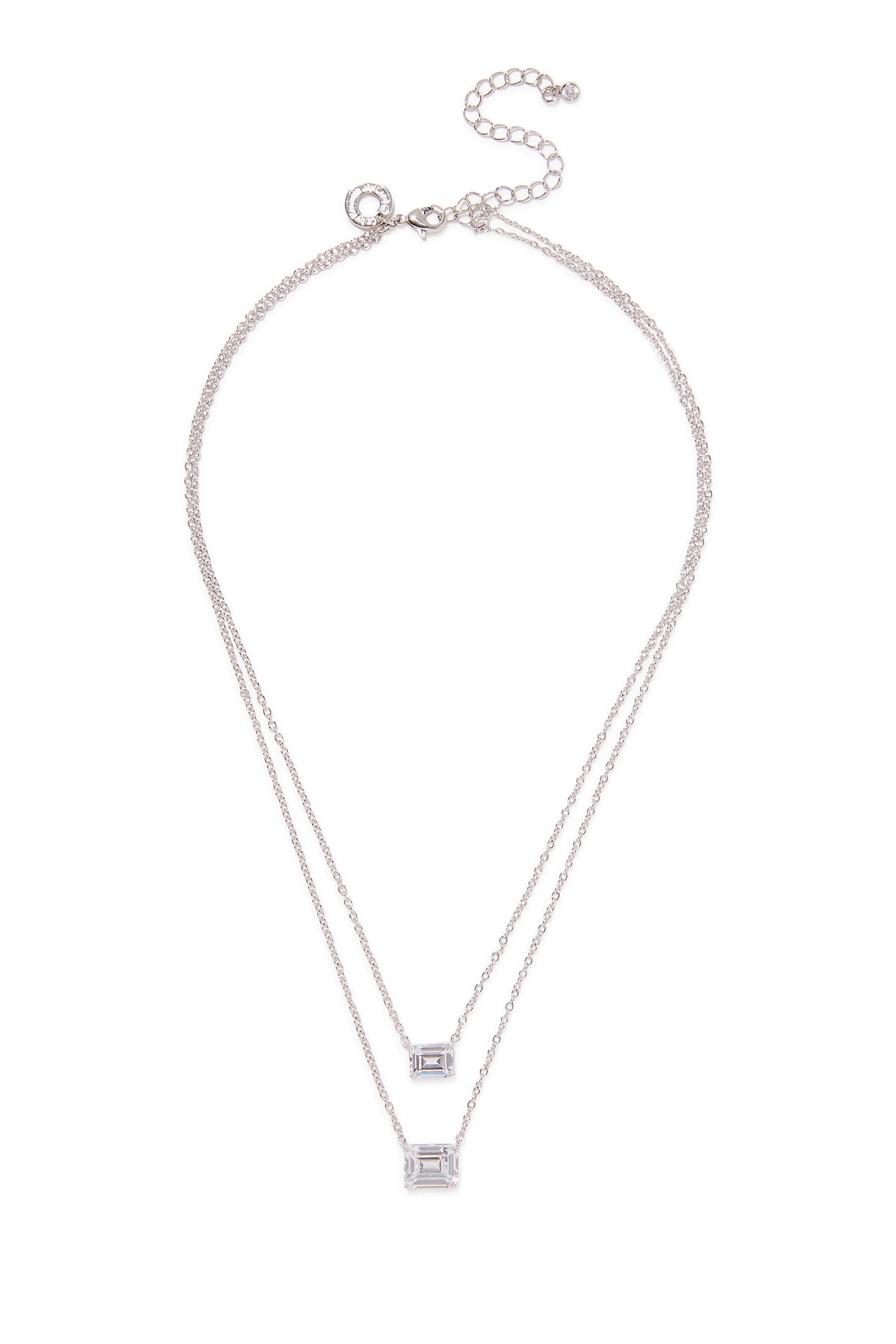  Double Layer Pendant Necklace, Rhodium-Plated Brass & Cubic Zirconia