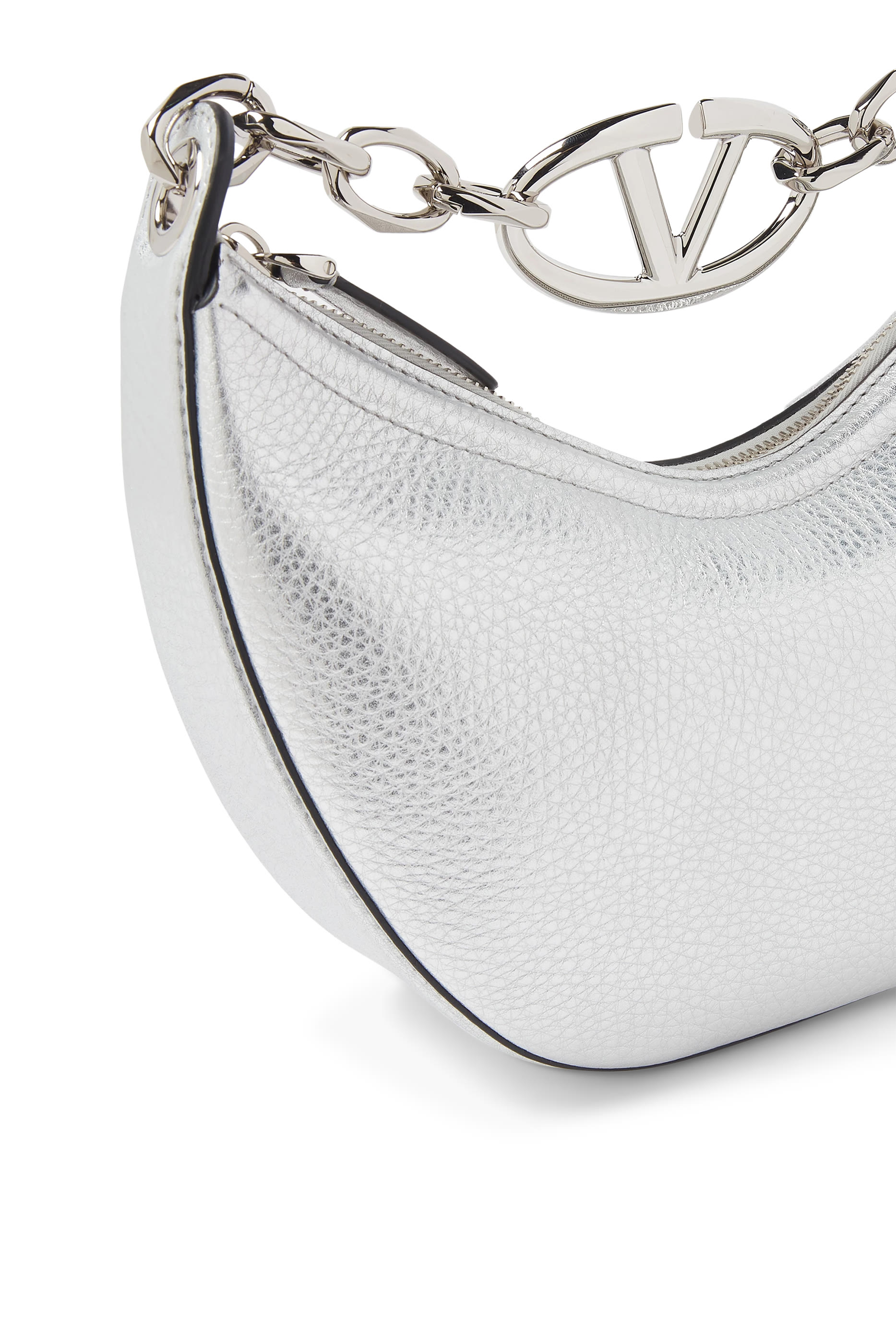 VLogo Metallic Grainy Calfskin Moon Mini Hobo Bag with Chain
