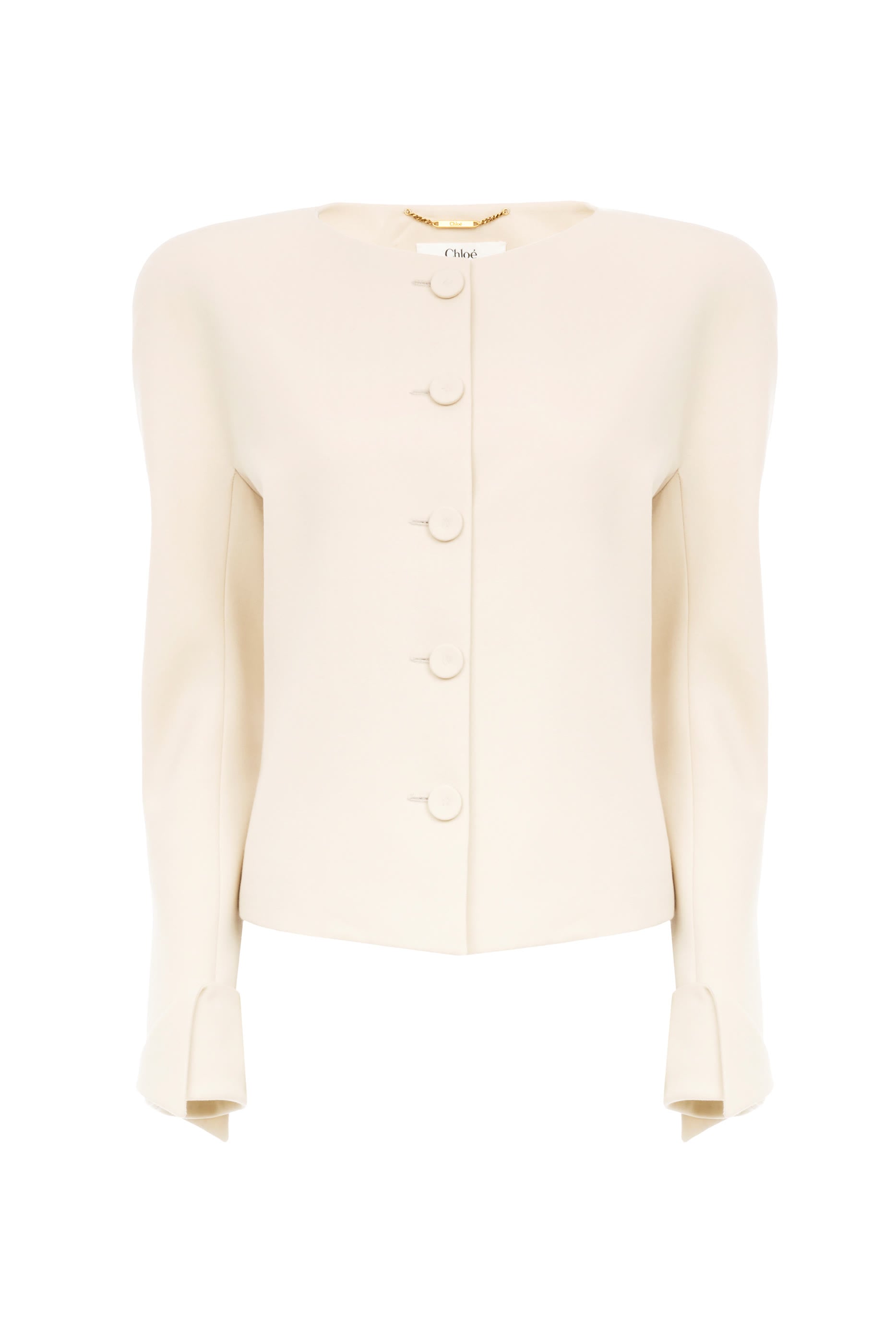  Collarless Fitted Jacket in Wool Grain de Poudre