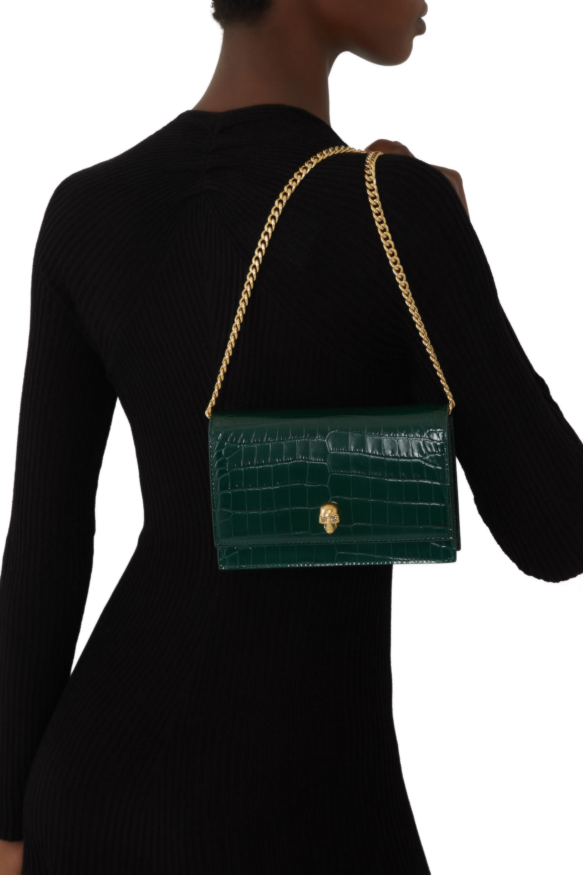 Small Skull Metallic Croc-Embossed Bag