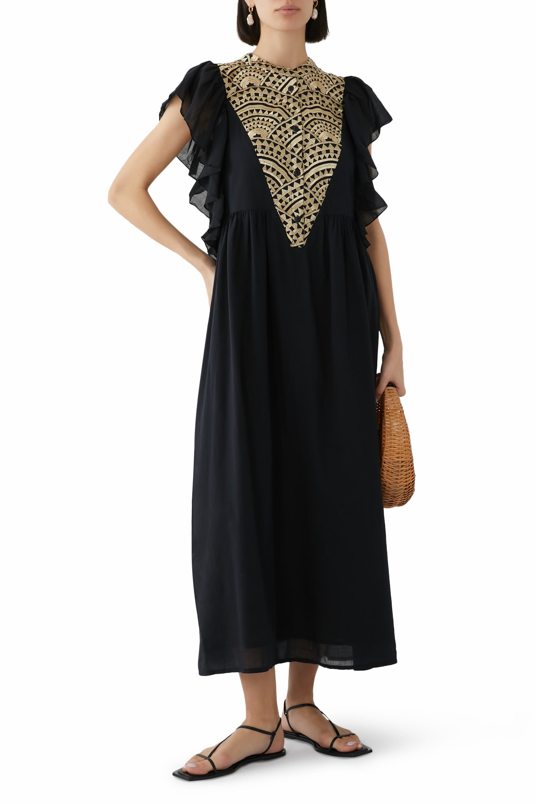 V Embroidered Midi Dress