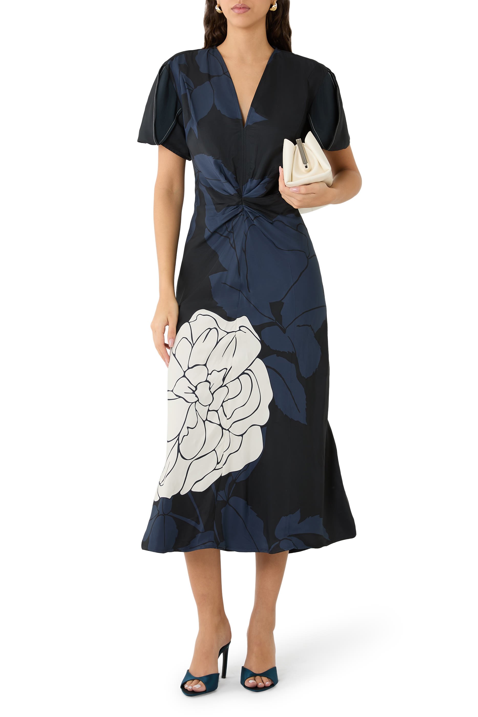 Gathered V-Neck Midi Dress