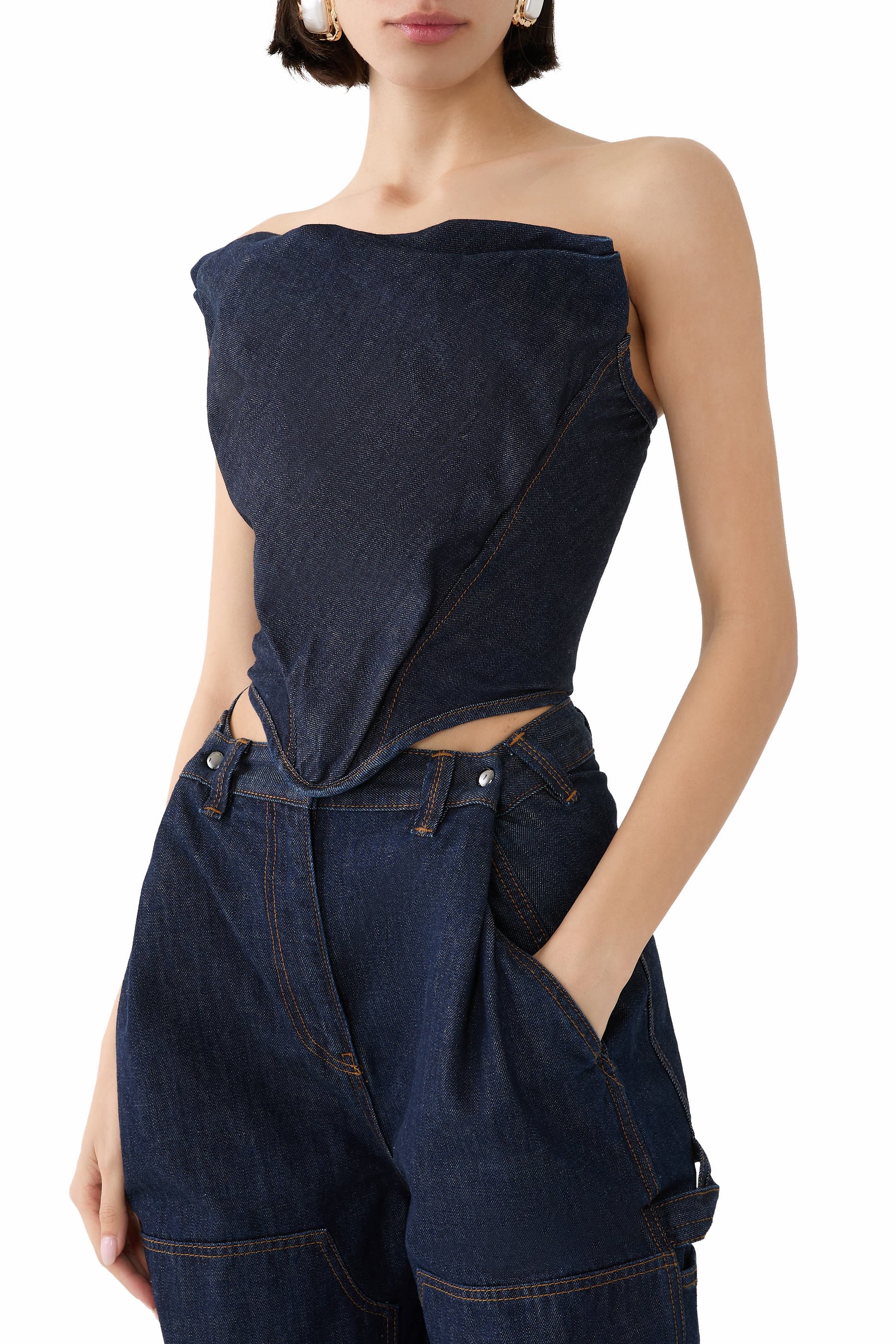 Draped Strapless Denim Corset