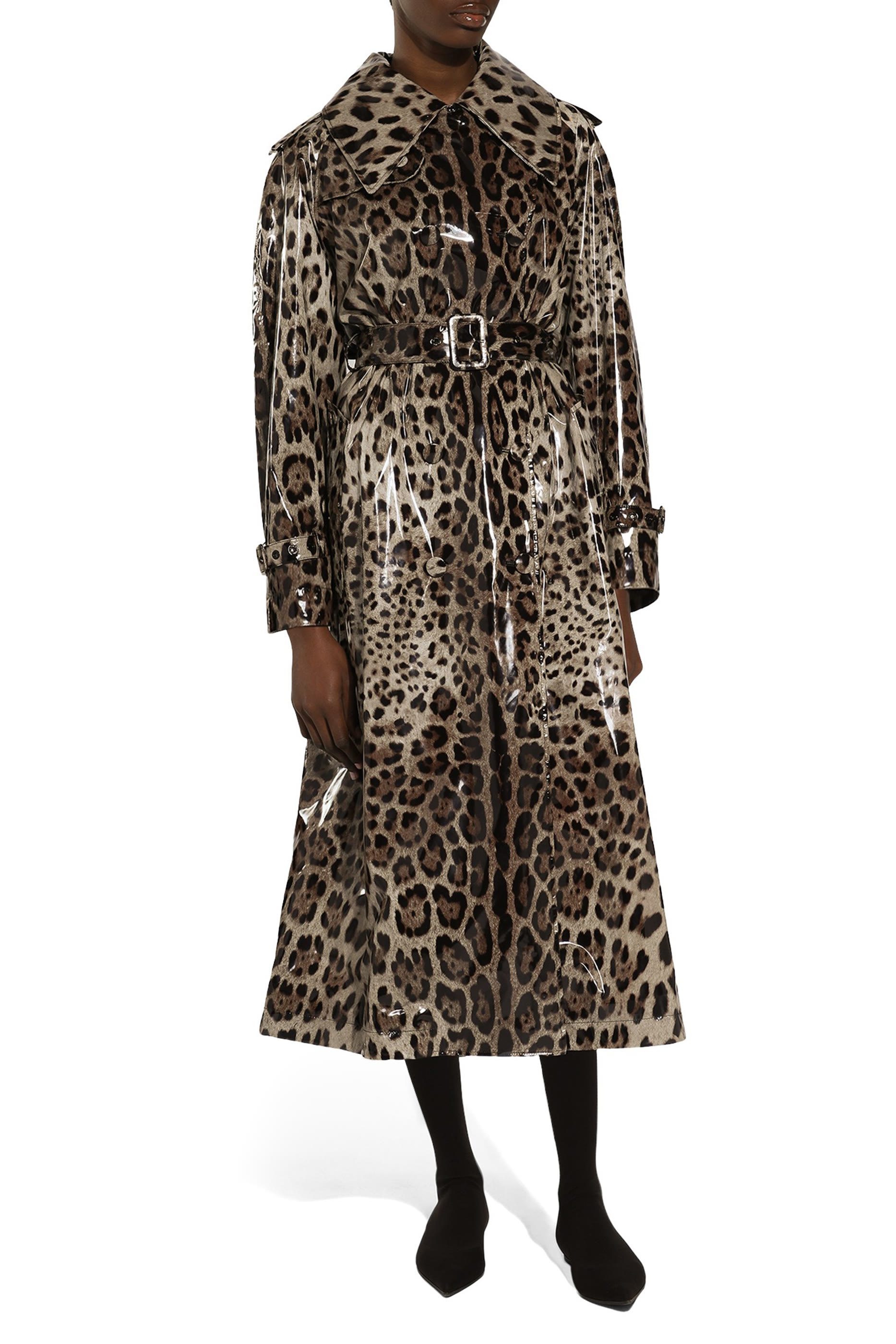 Leopard-Print Coated Satin Trench Coat