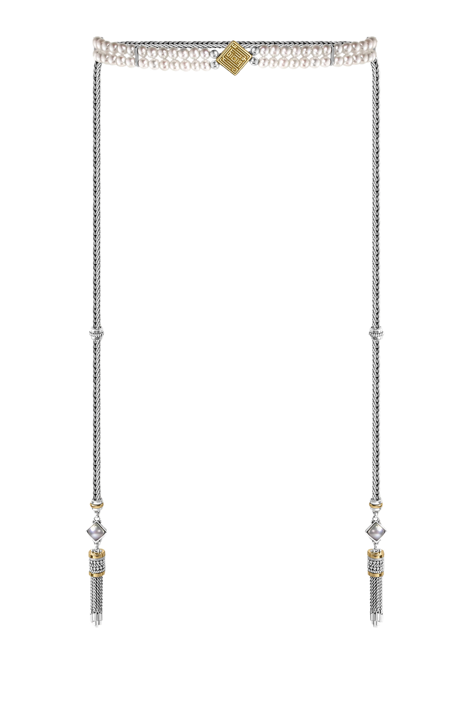 Wrap Around Kufi Necklace, 18K Yellow Gold, Sterling Silver and Pearl