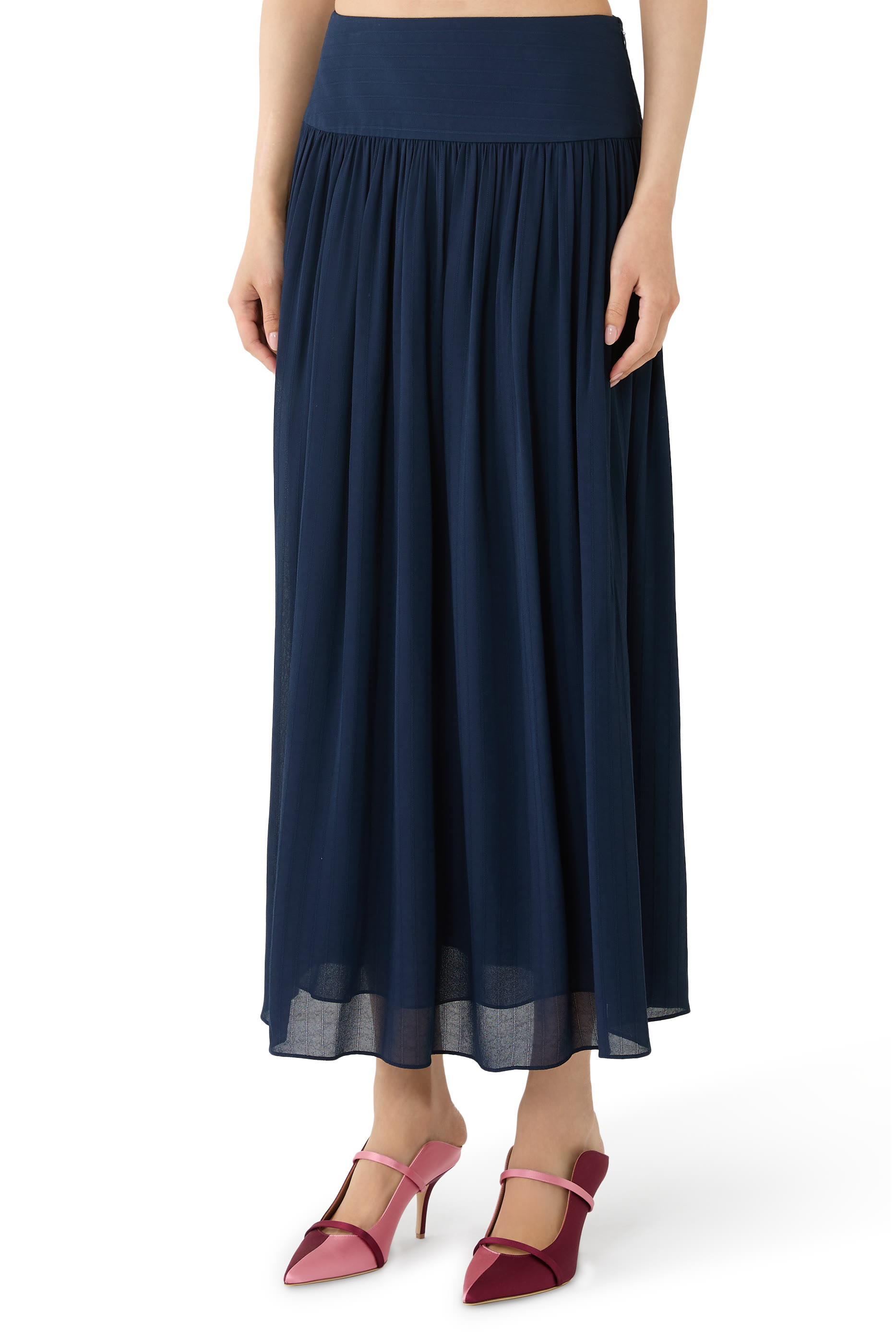 Santos Pinstriped Gathered Crepe Midi Skirt