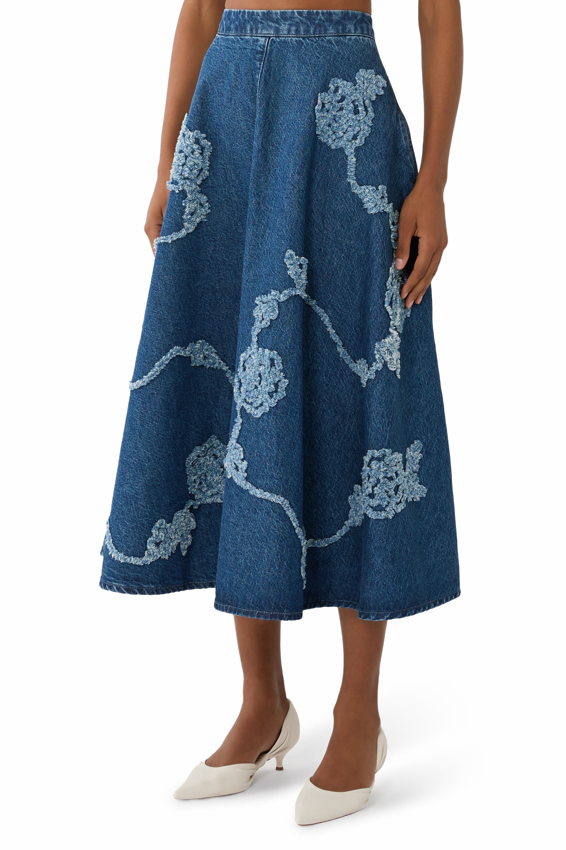 Denim Flower Midi Skirt 